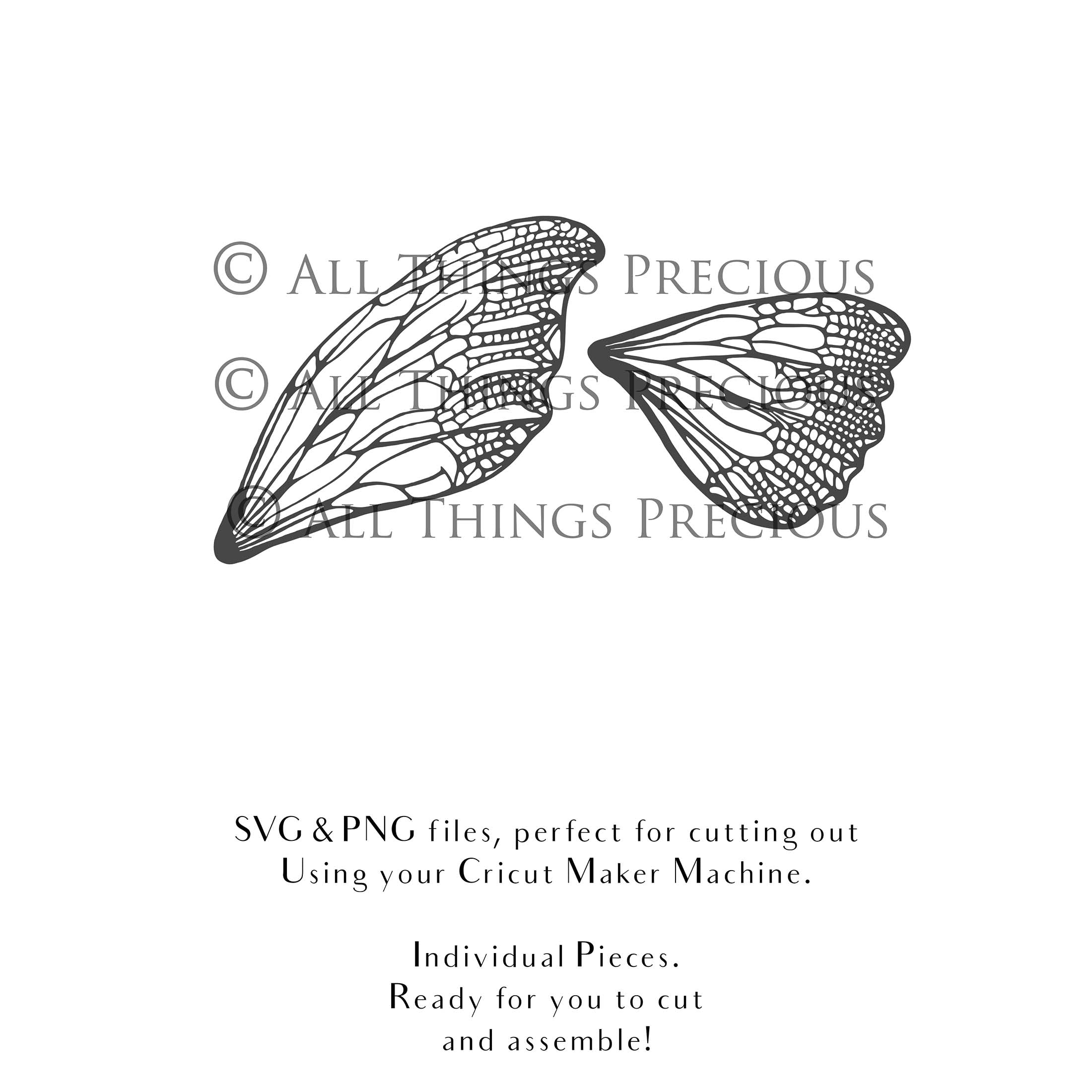 SVG & PNG Fairy Wing files for Cricut or Silhouette Cameo Cutting Machine. To create wearable fairy wings, in adult or children sizes. Use this graphic design for Halloween Costumes, Fantasy or Cosplay or photography. Use as prints in weddings, engagements or baby shower invitations. for you to cut and assemble.