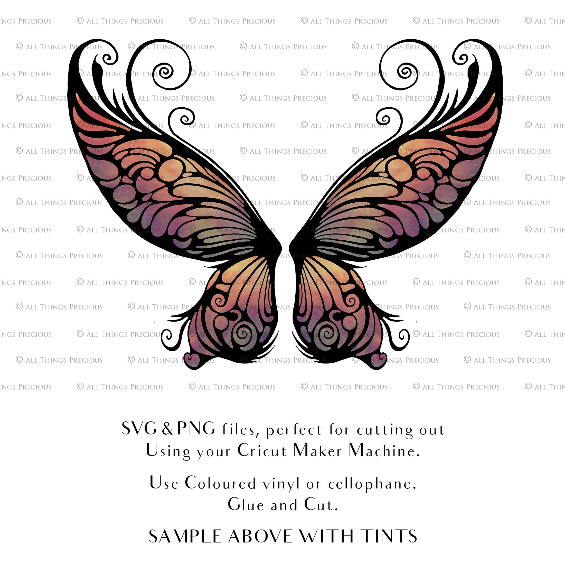 SVG and Png Fairy wings for cricut or cutting machines. Individual wing parts to cut and assemble. Adult size, kids, child, halloween event wings. For photographers and designers. By ATP Textures.