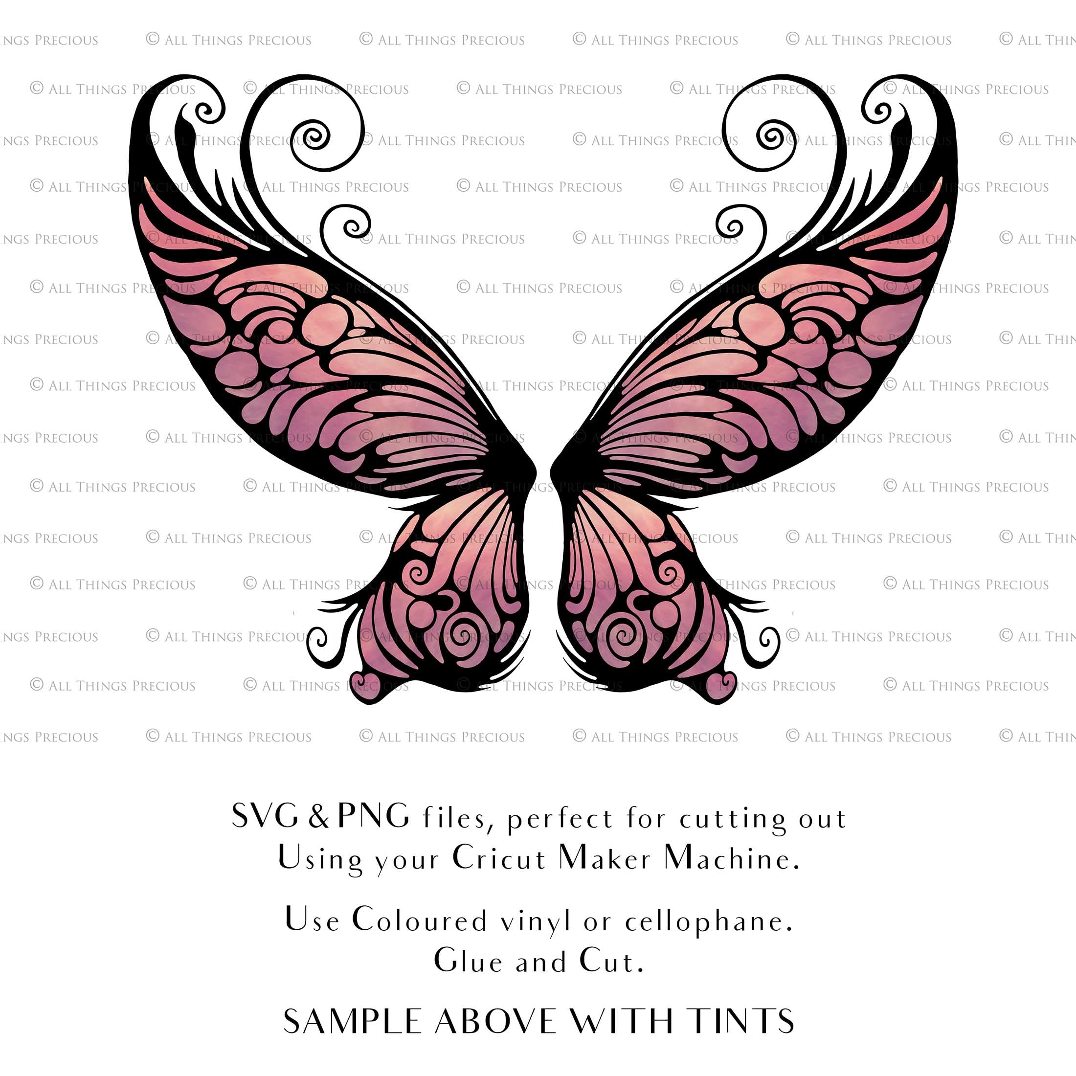 SVG and Png Fairy wings for cricut or cutting machines. Individual wing parts to cut and assemble. Adult size, kids, child, halloween event wings. For photographers and designers. By ATP Textures.