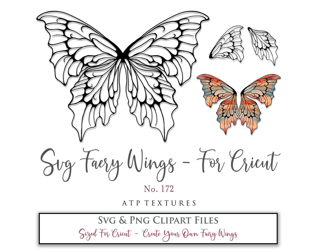 SVG and Png Fairy wings for cricut or cutting machines. Individual wing parts to cut and assemble. Adult size, kids, child, halloween event wings. For photographers and designers. By ATP Textures.