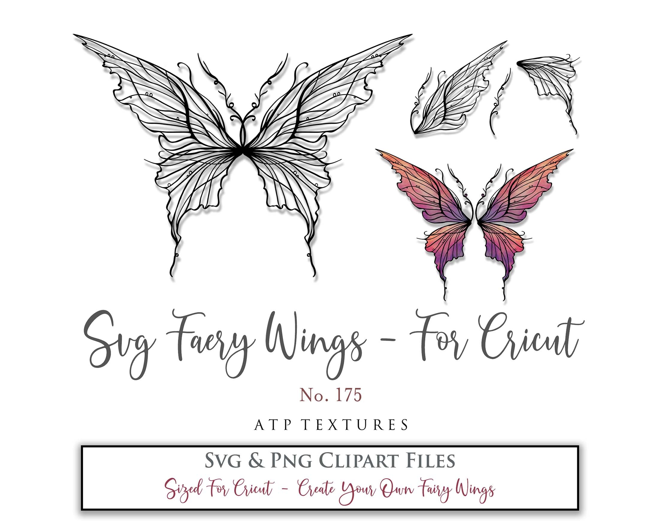 SVG and Png Fairy wings for cricut or cutting machines. Individual wing parts to cut and assemble. Adult size, kids, child, halloween event wings. For photographers and designers. By ATP Textures.