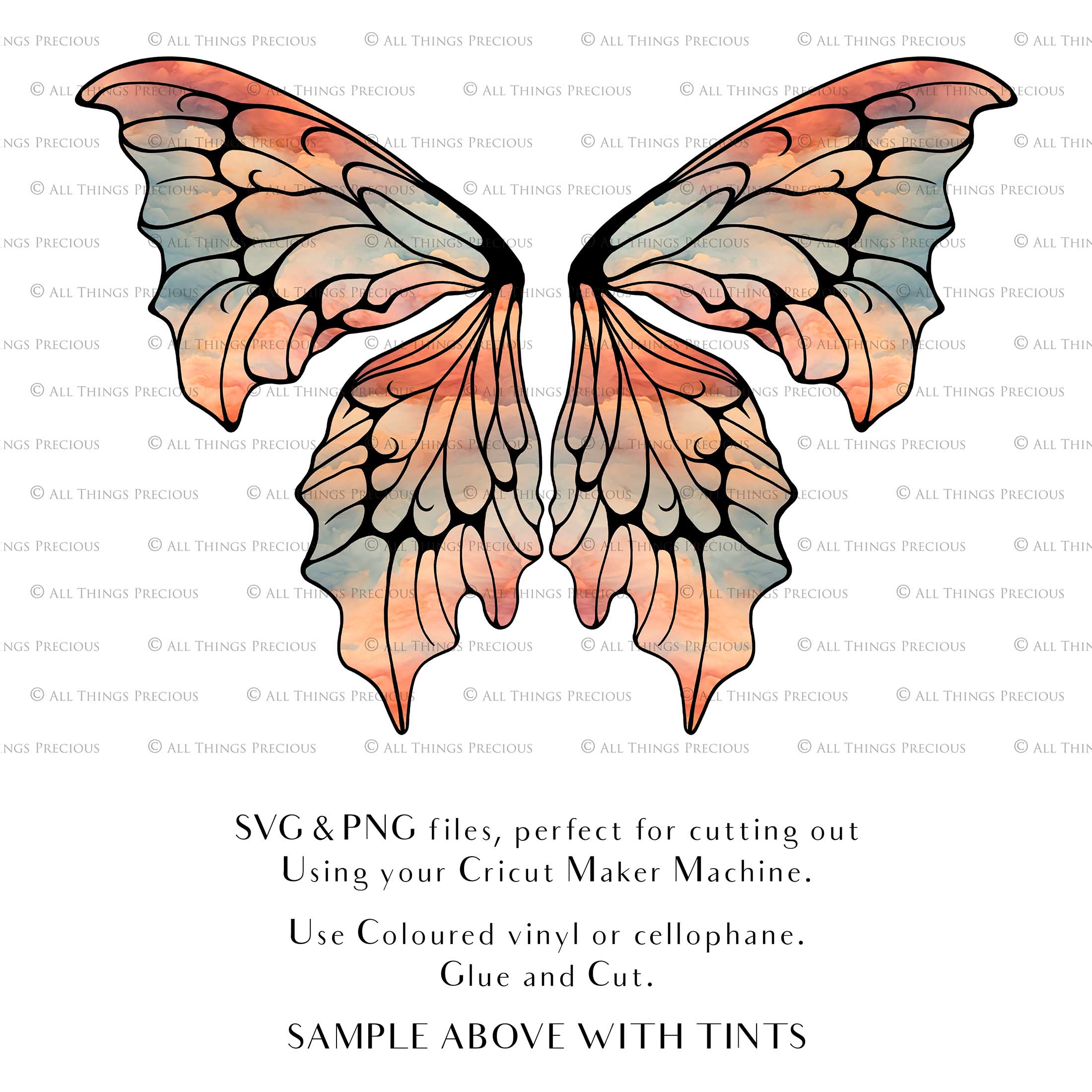 SVG and Png Fairy wings for cricut or cutting machines. Individual wing parts to cut and assemble. Adult size, kids, child, halloween event wings. For photographers and designers. By ATP Textures.