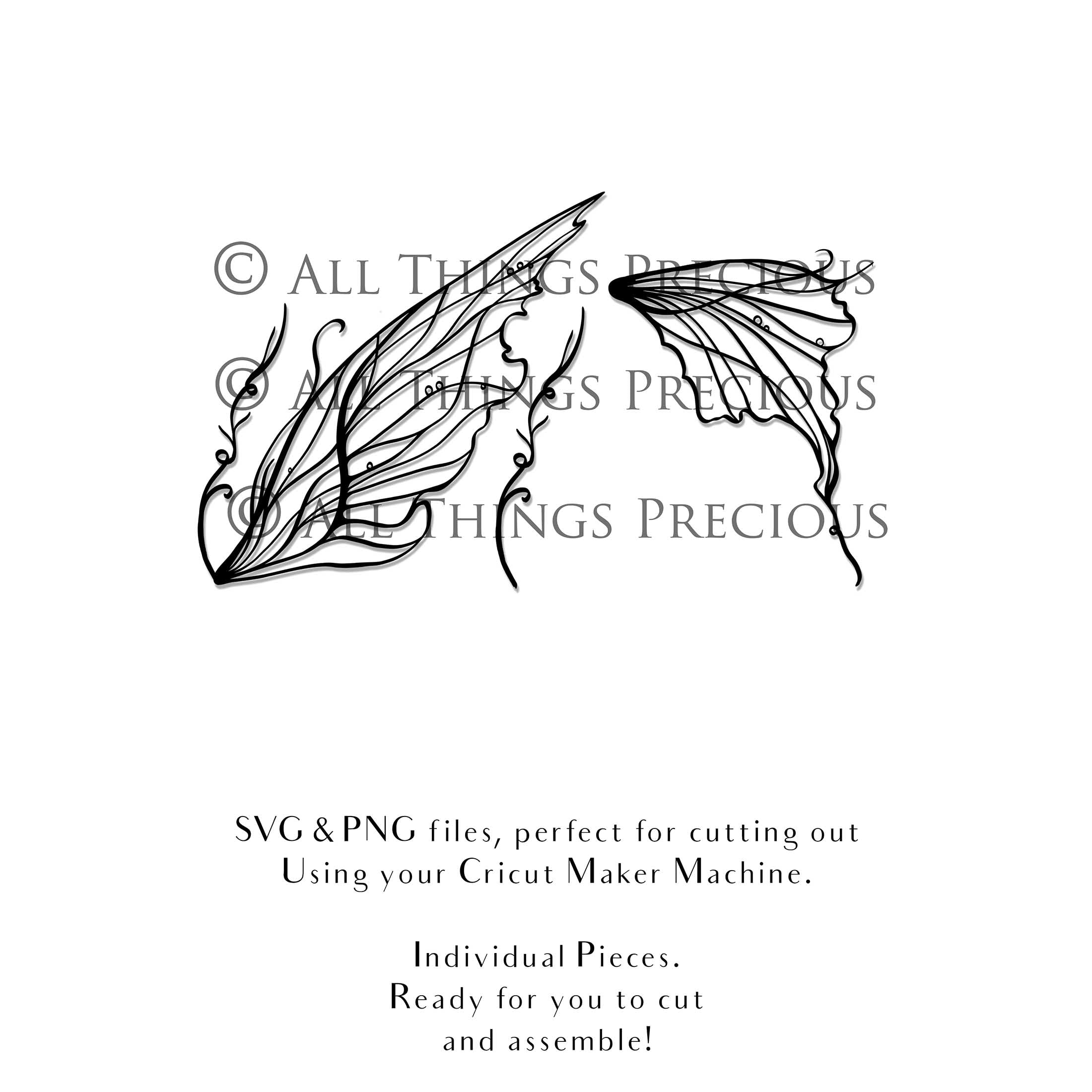 SVG and Png Fairy wings for cricut or cutting machines. Individual wing parts to cut and assemble. Adult size, kids, child, halloween event wings. For photographers and designers. By ATP Textures.