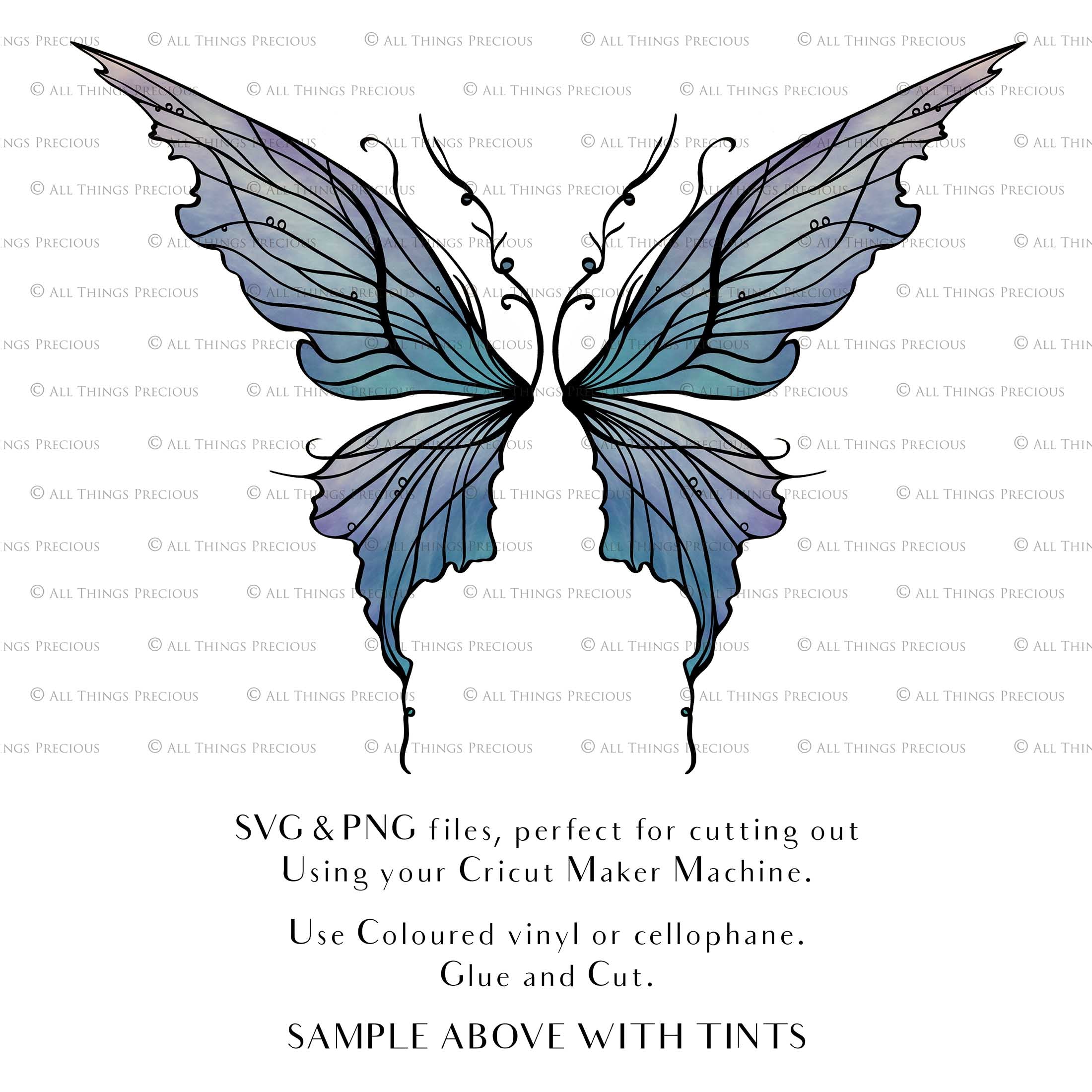 SVG and Png Fairy wings for cricut or cutting machines. Individual wing parts to cut and assemble. Adult size, kids, child, halloween event wings. For photographers and designers. By ATP Textures.