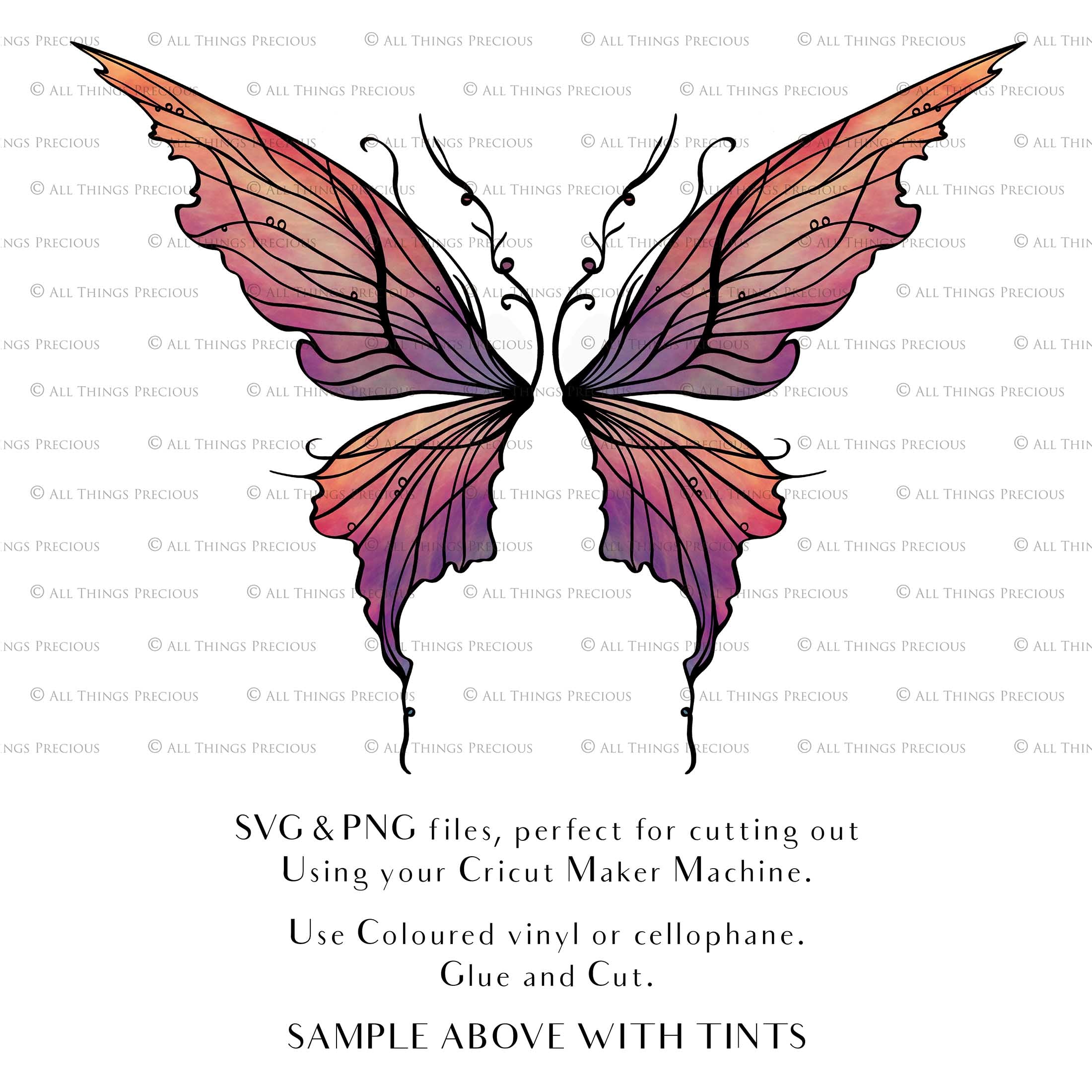 SVG and Png Fairy wings for cricut or cutting machines. Individual wing parts to cut and assemble. Adult size, kids, child, halloween event wings. For photographers and designers. By ATP Textures.