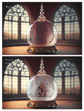 Load image into Gallery viewer, Digital Background with Snow Globe, snow flurries and a PSD Template included in the set.The globe is transparent, perfect for you to add your own images and retain the snow globe effect. This file is 6000 x 4000, 300dpi. High resolution. This is a DIGITAL product. Includes png overlay with the snow globe effect added.
