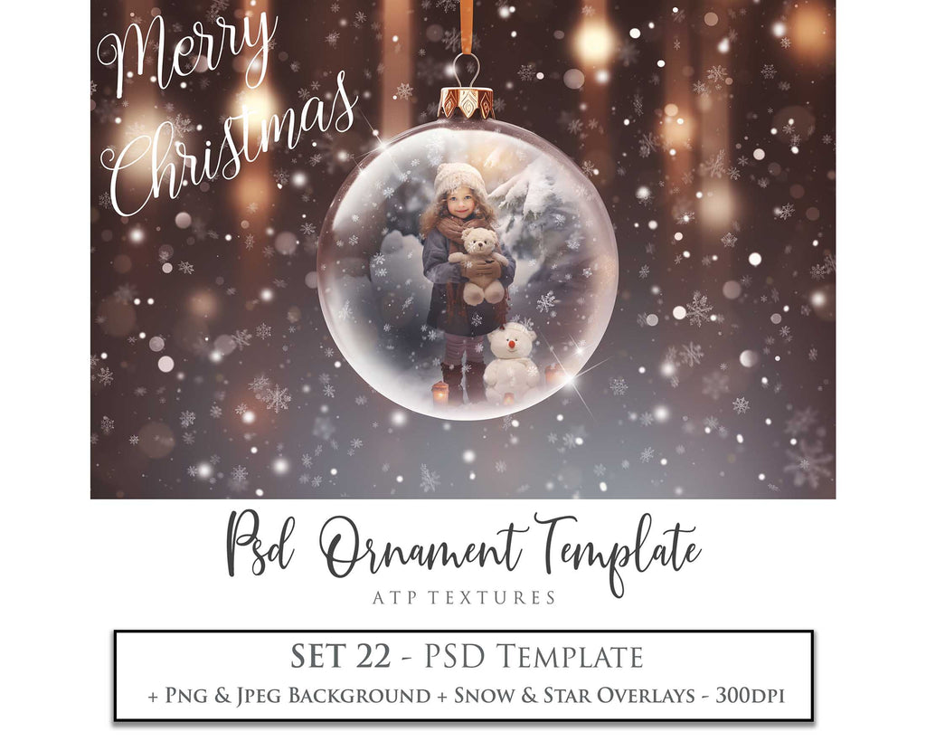 Christmas Glass Bauble Ornament Overlay and Background, with snow flurries and a PSD template included in the set.The globe is transparent, perfect for you to add your own images and retain the snow globe effect.This file is 6000 x 4000, 300dpi. Photography, Scrapbooking, Photo Overlays, Png, Jpeg, Psd. ATP Textures.