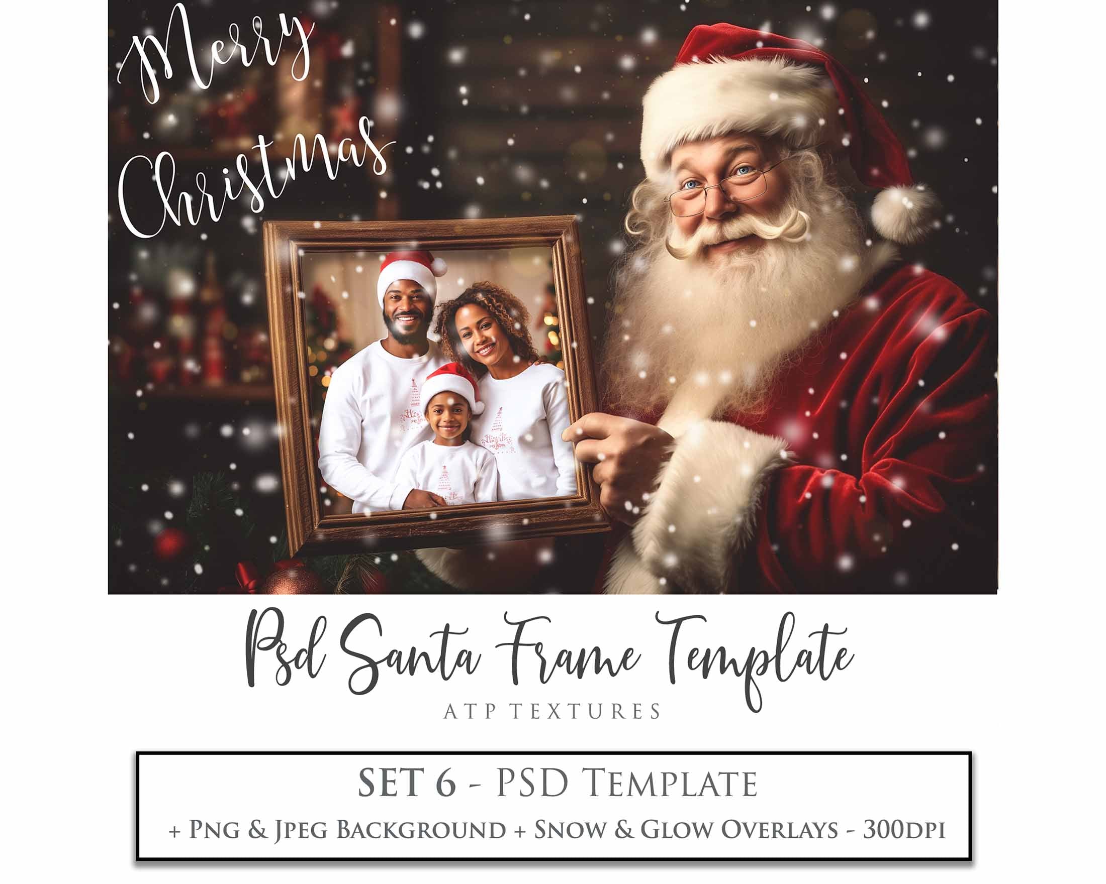 Digital Santa with Frame Background.  Png snow and glow overlays & PSD Template. The frame is transparent, perfect for adding your own images.  The file is 6000 x 4000, 300dpi. Png Included. Use for Christmas edits, Photography, Card Crafts, Scrapbooking. Xmas Backdrops. Santa holding a frame.