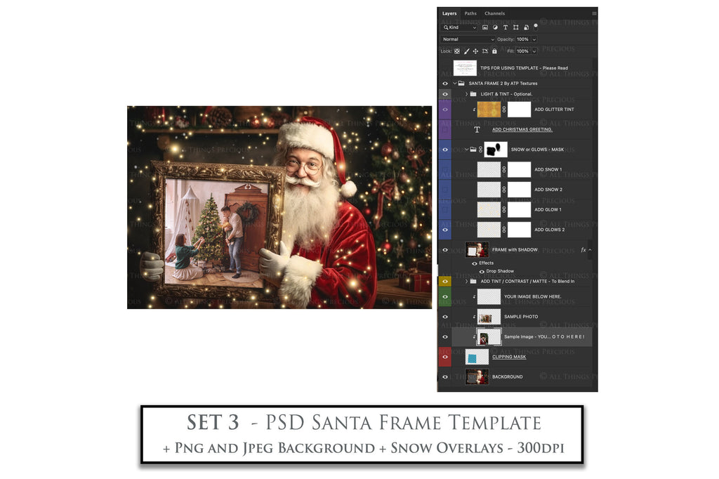 Digital Santa frame background, with snow or glow flurries and a PSD Template included in the set.The globe is transparent, Add your own images and save for scrapbooking or cards. This file is 6000 x 4000, 300dpi.  - ATP Textures