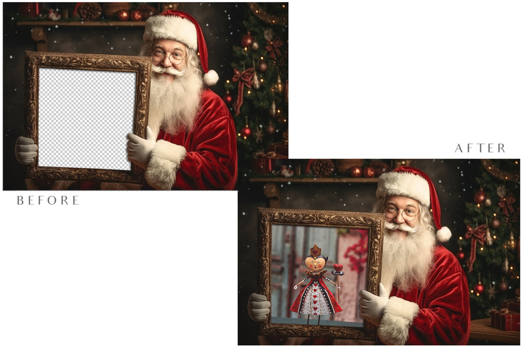 Digital Santa frame background, with snow or glow flurries and a PSD Template included in the set.The globe is transparent, Add your own images and save for scrapbooking or cards. This file is 6000 x 4000, 300dpi.  - ATP Textures