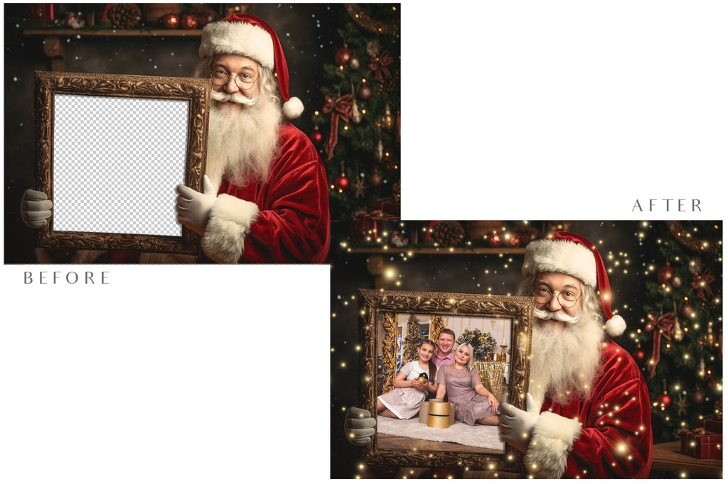 Digital Santa frame background, with snow or glow flurries and a PSD Template included in the set.The globe is transparent, Add your own images and save for scrapbooking or cards. This file is 6000 x 4000, 300dpi.  - ATP Textures