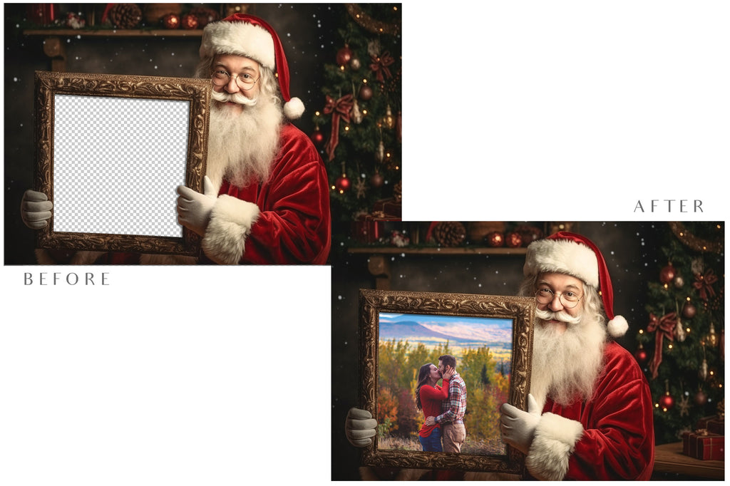 Digital Santa frame background, with snow or glow flurries and a PSD Template included in the set.The globe is transparent, Add your own images and save for scrapbooking or cards. This file is 6000 x 4000, 300dpi.  - ATP Textures