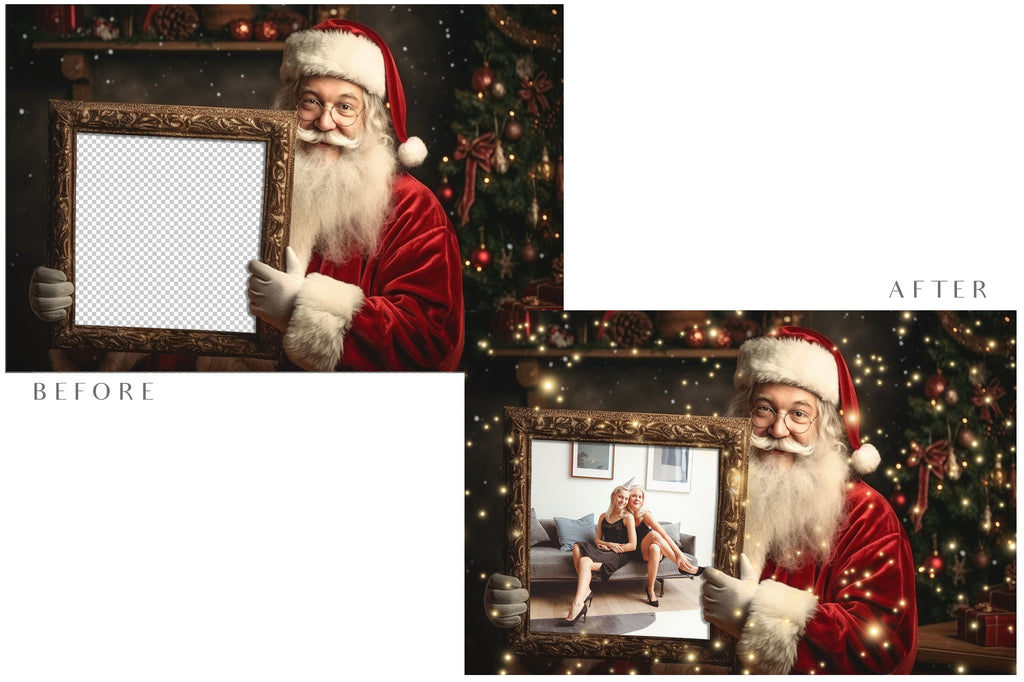 Digital Santa frame background, with snow or glow flurries and a PSD Template included in the set.The globe is transparent, Add your own images and save for scrapbooking or cards. This file is 6000 x 4000, 300dpi.  - ATP Textures