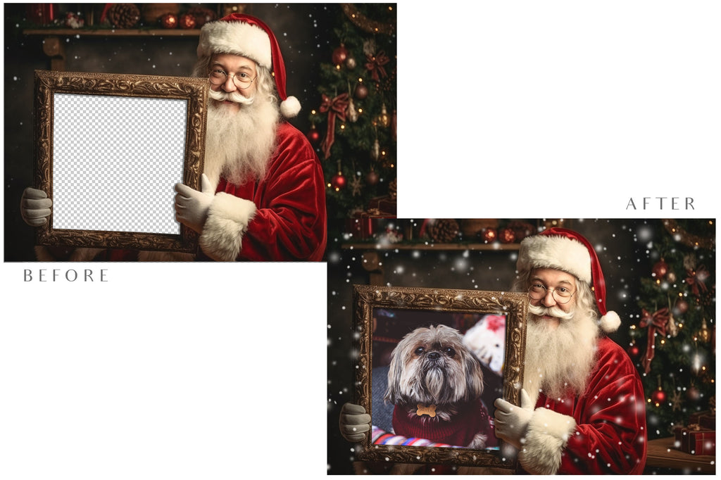 Digital Santa frame background, with snow or glow flurries and a PSD Template included in the set.The globe is transparent, Add your own images and save for scrapbooking or cards. This file is 6000 x 4000, 300dpi.  - ATP Textures