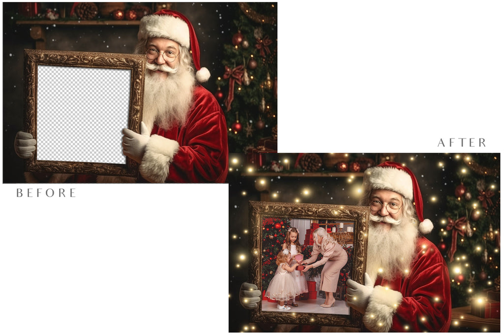 Digital Santa frame background, with snow or glow flurries and a PSD Template included in the set.The globe is transparent, Add your own images and save for scrapbooking or cards. This file is 6000 x 4000, 300dpi.  - ATP Textures