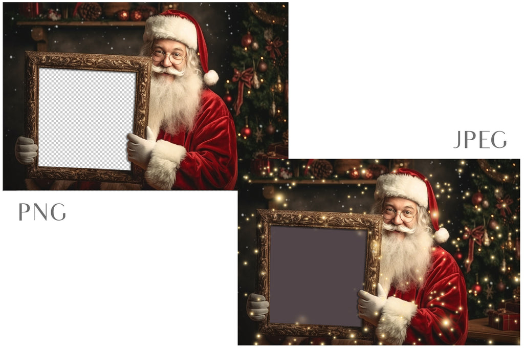 Digital Santa frame background, with snow or glow flurries and a PSD Template included in the set.The globe is transparent, Add your own images and save for scrapbooking or cards. This file is 6000 x 4000, 300dpi.  - ATP Textures