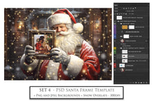Load image into Gallery viewer, Digital Santa with frame background, with snow and glow flurries and a PSD Template included in the set.The globe is transparent, perfect for you to add your own images and retain the snow globe effect.This file is 6000 x 4000, 300dpi. If you want to print your finished piece you can. This is a DIGITAL product.
