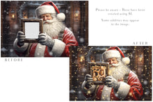 Load image into Gallery viewer, Digital Santa with frame background, with snow and glow flurries and a PSD Template included in the set.The globe is transparent, perfect for you to add your own images and retain the snow globe effect.This file is 6000 x 4000, 300dpi. If you want to print your finished piece you can. This is a DIGITAL product.
