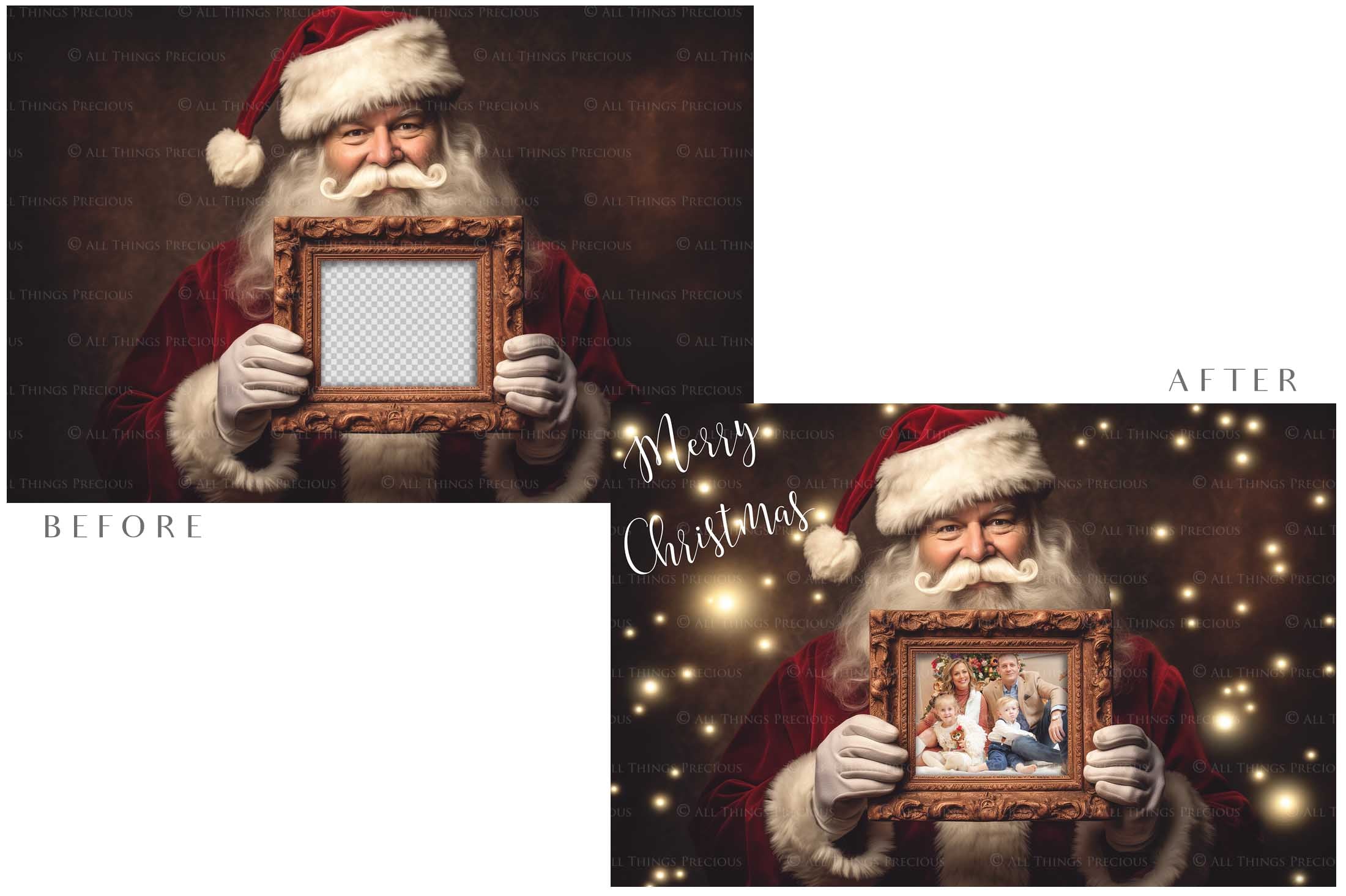 Digital Santa with Frame Background. Png snow and glow overlays & PSD Template. The frame is transparent, perfect for adding your own images. The file is 6000 x 4000, 300dpi. Png Included. Use for Christmas edits, Photography, Card Crafts, Scrapbooking. Xmas Backdrops. Santa holding a frame.