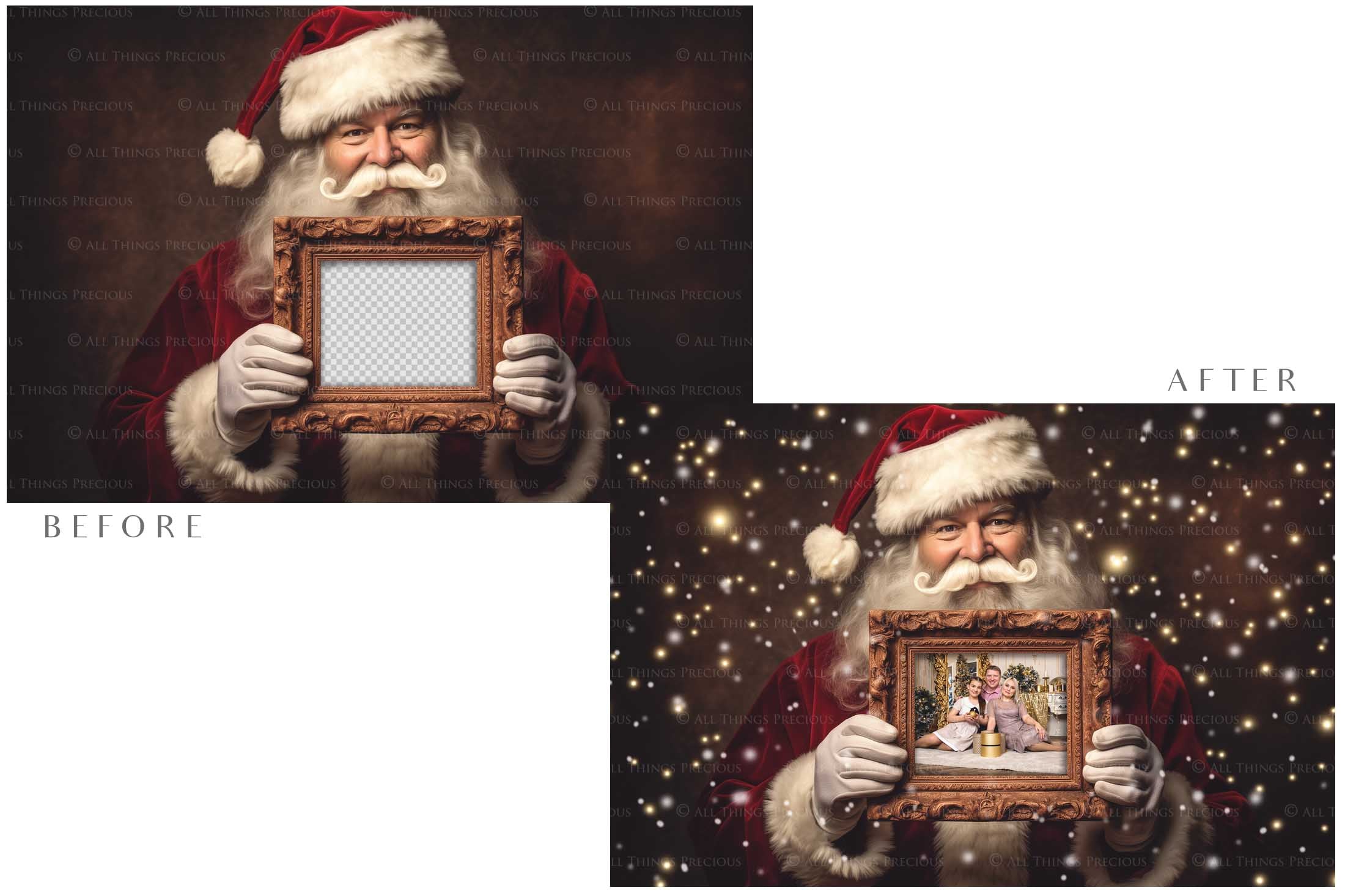 Digital Santa with Frame Background. Png snow and glow overlays & PSD Template. The frame is transparent, perfect for adding your own images. The file is 6000 x 4000, 300dpi. Png Included. Use for Christmas edits, Photography, Card Crafts, Scrapbooking. Xmas Backdrops. Santa holding a frame.