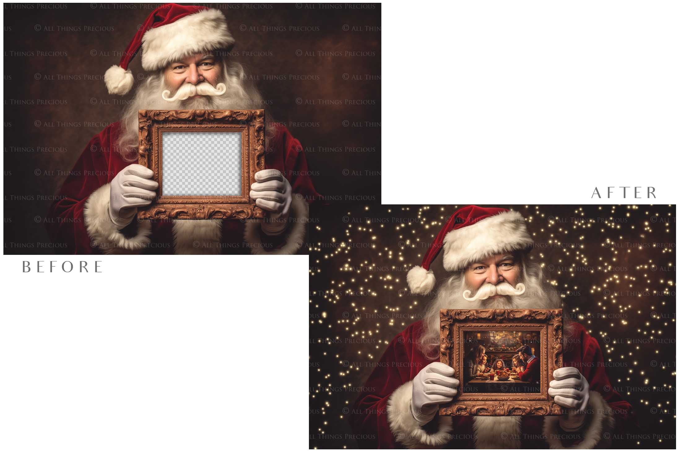 Digital Santa with Frame Background. Png snow and glow overlays & PSD Template. The frame is transparent, perfect for adding your own images. The file is 6000 x 4000, 300dpi. Png Included. Use for Christmas edits, Photography, Card Crafts, Scrapbooking. Xmas Backdrops. Santa holding a frame.