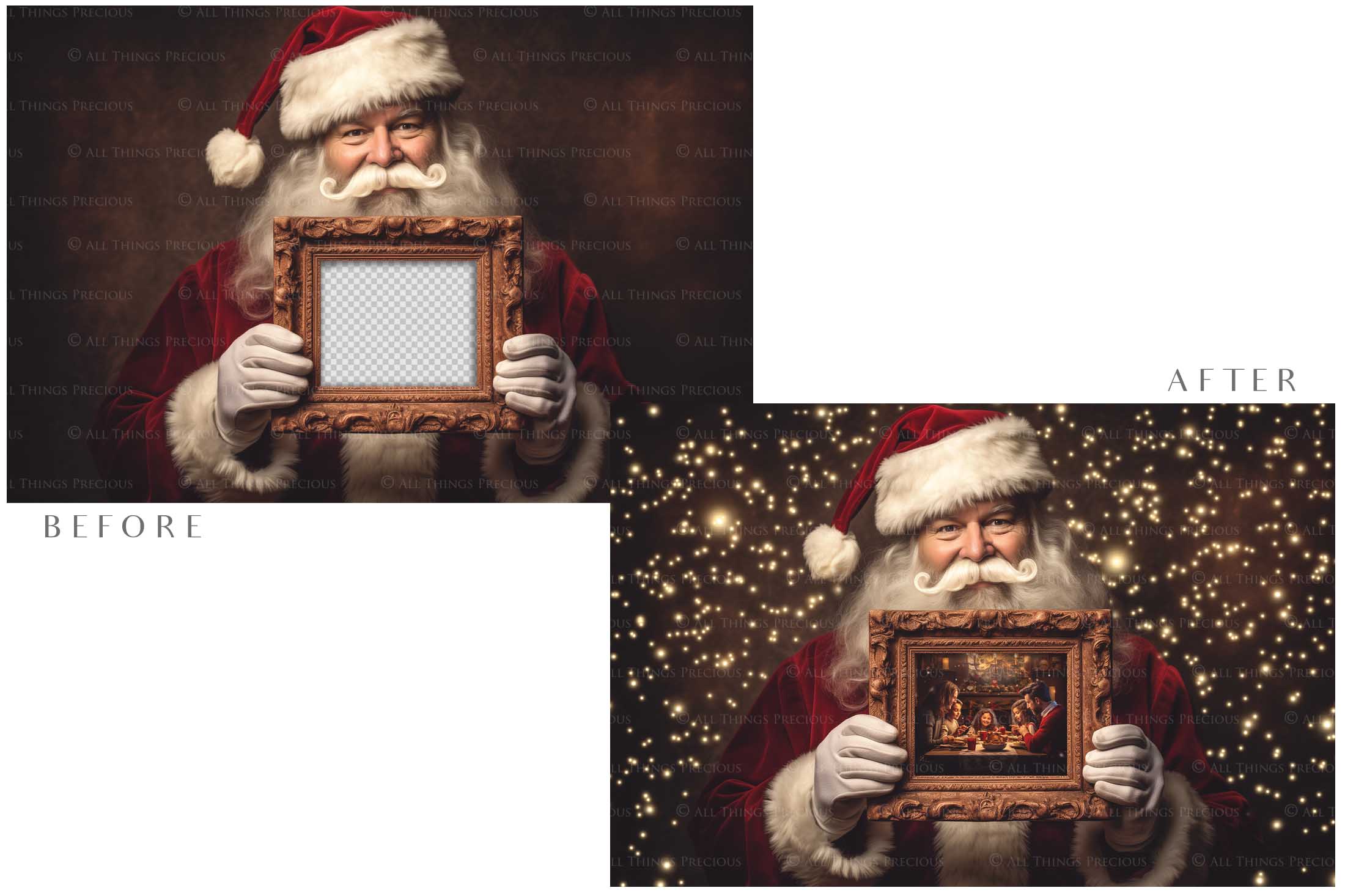 Digital Santa with Frame Background. Png snow and glow overlays & PSD Template. The frame is transparent, perfect for adding your own images. The file is 6000 x 4000, 300dpi. Png Included. Use for Christmas edits, Photography, Card Crafts, Scrapbooking. Xmas Backdrops. Santa holding a frame.