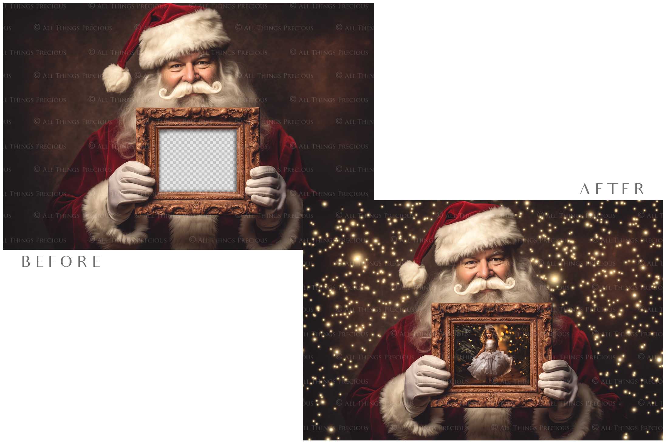 Digital Santa with Frame Background. Png snow and glow overlays & PSD Template. The frame is transparent, perfect for adding your own images. The file is 6000 x 4000, 300dpi. Png Included. Use for Christmas edits, Photography, Card Crafts, Scrapbooking. Xmas Backdrops. Santa holding a frame.