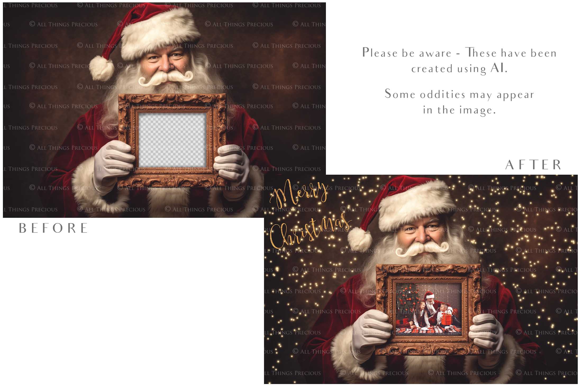 Digital Santa with Frame Background. Png snow and glow overlays & PSD Template. The frame is transparent, perfect for adding your own images. The file is 6000 x 4000, 300dpi. Png Included. Use for Christmas edits, Photography, Card Crafts, Scrapbooking. Xmas Backdrops. Santa holding a frame.