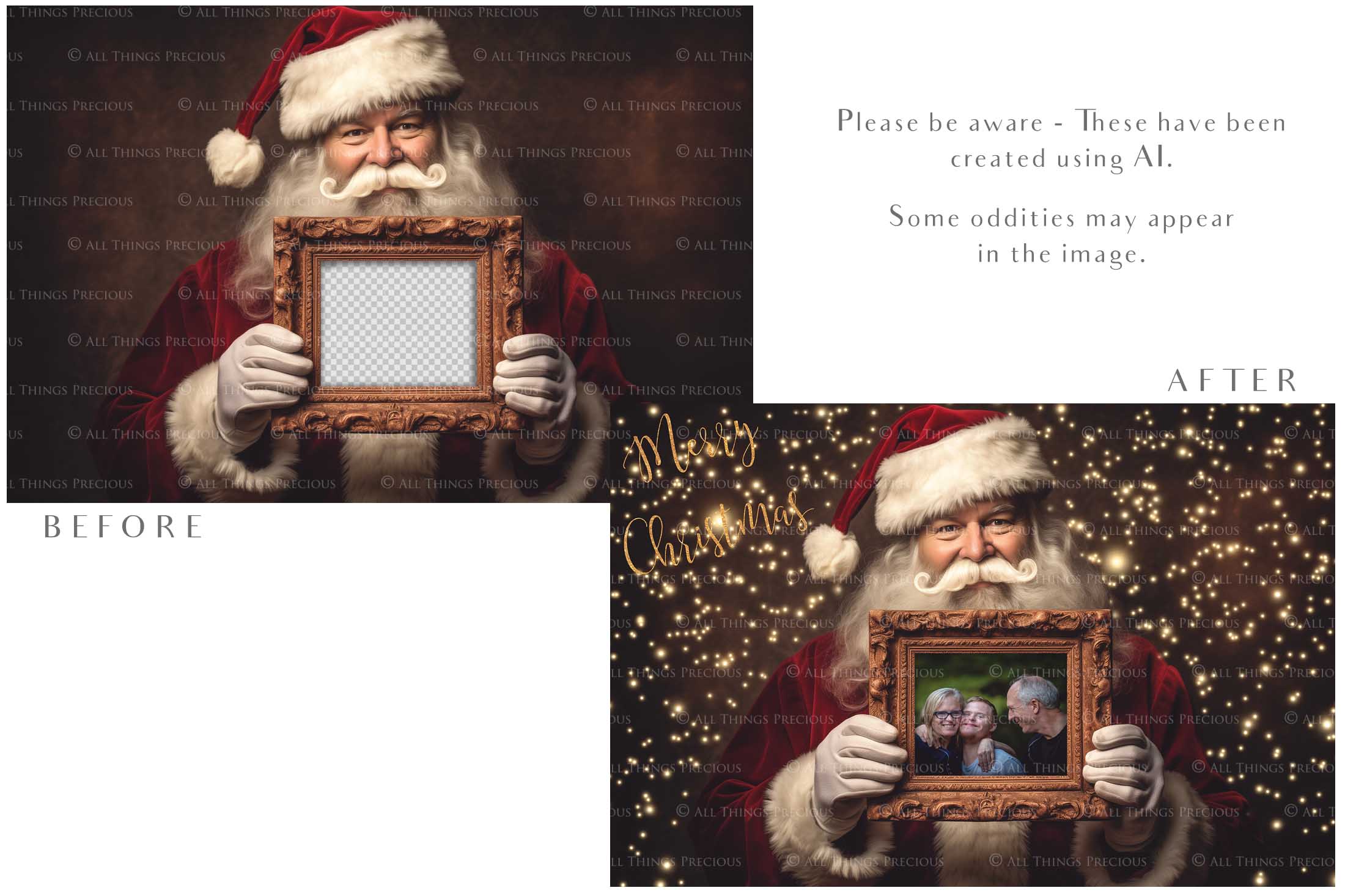 Digital Santa with Frame Background. Png snow and glow overlays & PSD Template. The frame is transparent, perfect for adding your own images. The file is 6000 x 4000, 300dpi. Png Included. Use for Christmas edits, Photography, Card Crafts, Scrapbooking. Xmas Backdrops. Santa holding a frame.