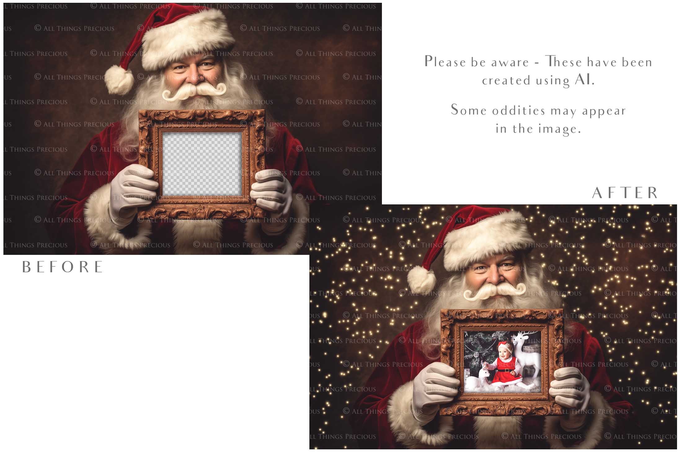 Digital Santa with Frame Background. Png snow and glow overlays & PSD Template. The frame is transparent, perfect for adding your own images. The file is 6000 x 4000, 300dpi. Png Included. Use for Christmas edits, Photography, Card Crafts, Scrapbooking. Xmas Backdrops. Santa holding a frame.