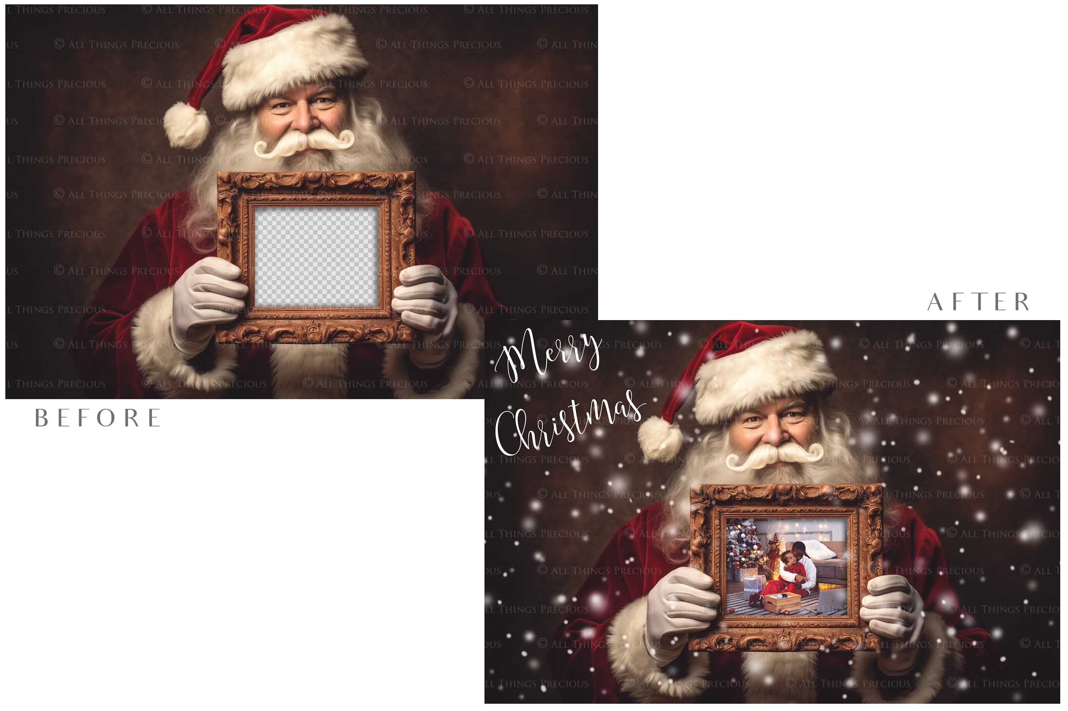 Digital Santa with Frame Background. Png snow and glow overlays & PSD Template. The frame is transparent, perfect for adding your own images. The file is 6000 x 4000, 300dpi. Png Included. Use for Christmas edits, Photography, Card Crafts, Scrapbooking. Xmas Backdrops. Santa holding a frame.