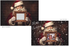 Load image into Gallery viewer, Digital Santa with Frame Background. Png snow and glow overlays &amp; PSD Template. The frame is transparent, perfect for adding your own images. The file is 6000 x 4000, 300dpi. Png Included. Use for Christmas edits, Photography, Card Crafts, Scrapbooking. Xmas Backdrops. Santa holding a frame.
