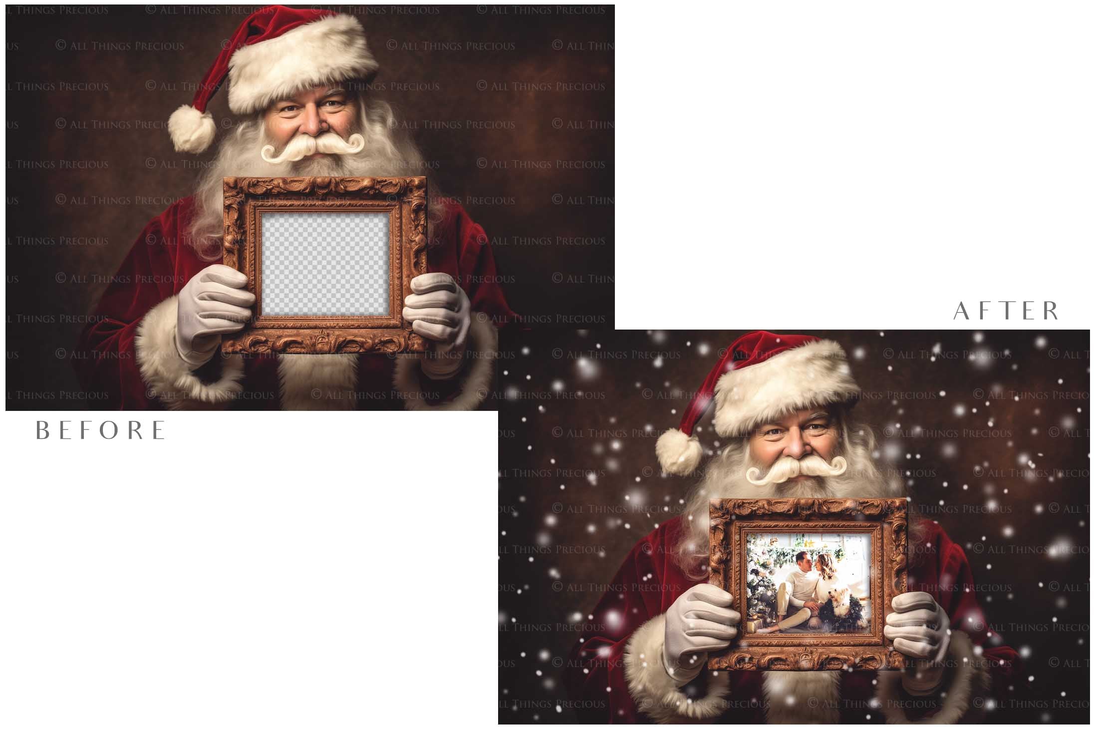Digital Santa with Frame Background. Png snow and glow overlays & PSD Template. The frame is transparent, perfect for adding your own images. The file is 6000 x 4000, 300dpi. Png Included. Use for Christmas edits, Photography, Card Crafts, Scrapbooking. Xmas Backdrops. Santa holding a frame.
