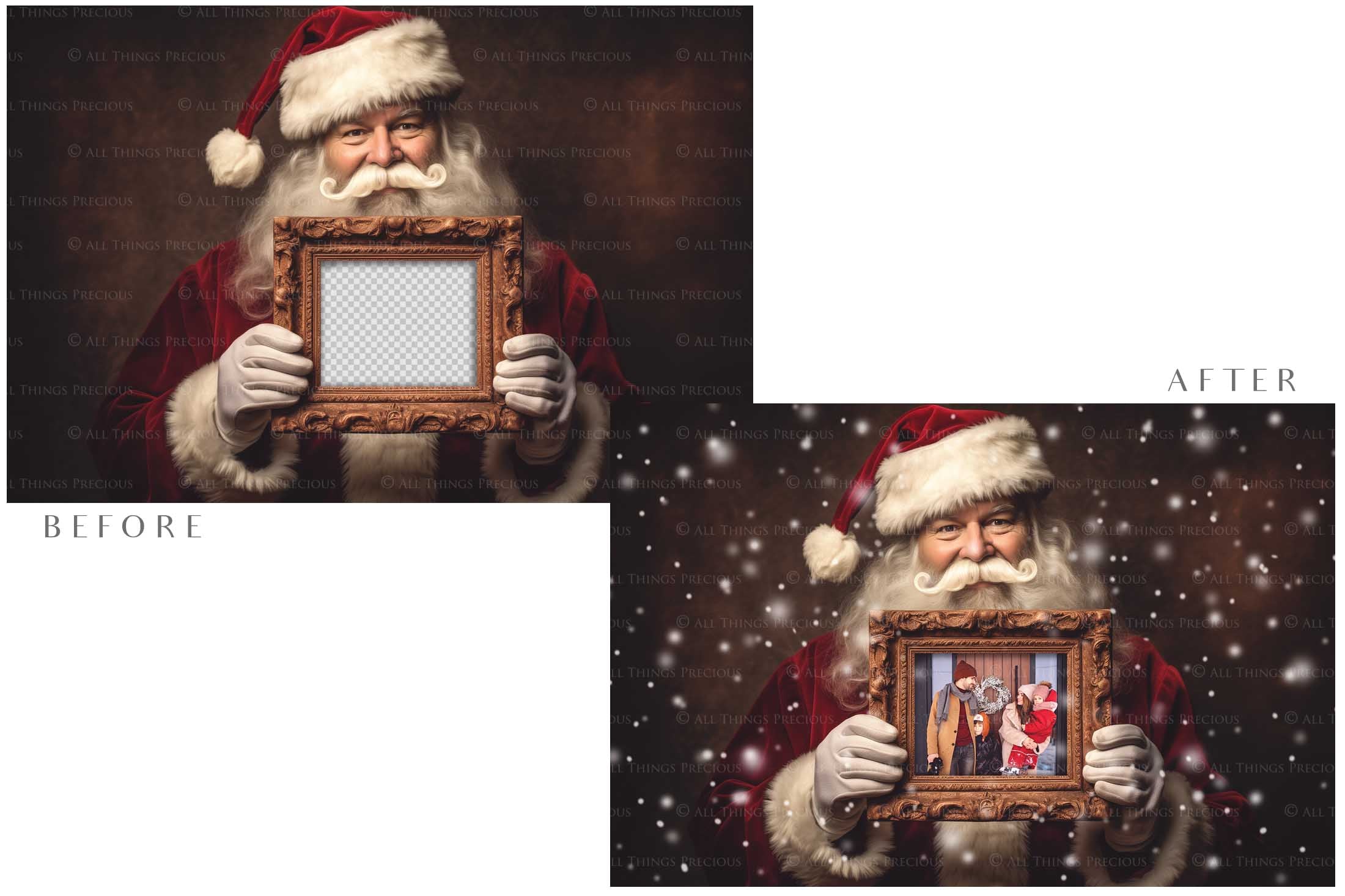 Digital Santa with Frame Background. Png snow and glow overlays & PSD Template. The frame is transparent, perfect for adding your own images. The file is 6000 x 4000, 300dpi. Png Included. Use for Christmas edits, Photography, Card Crafts, Scrapbooking. Xmas Backdrops. Santa holding a frame.
