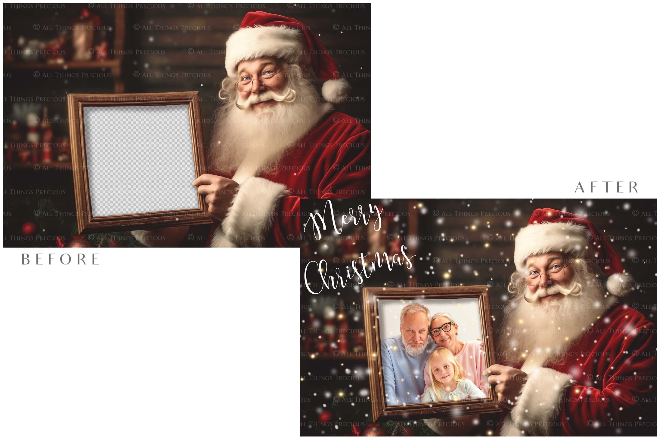 Digital Santa with Frame Background.  Png snow and glow overlays & PSD Template. The frame is transparent, perfect for adding your own images.  The file is 6000 x 4000, 300dpi. Png Included. Use for Christmas edits, Photography, Card Crafts, Scrapbooking. Xmas Backdrops. Santa holding a frame.