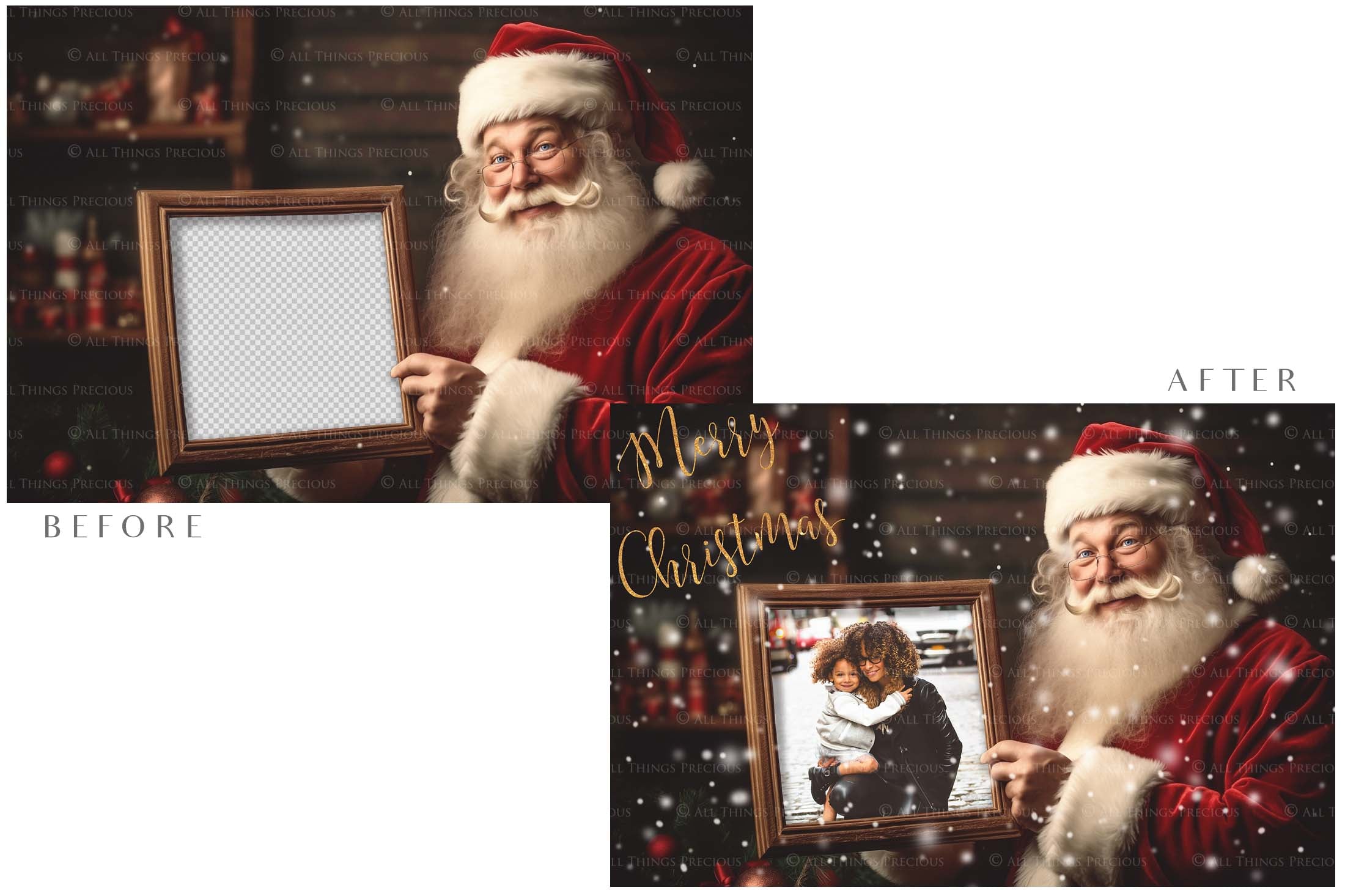 Digital Santa with Frame Background.  Png snow and glow overlays & PSD Template. The frame is transparent, perfect for adding your own images.  The file is 6000 x 4000, 300dpi. Png Included. Use for Christmas edits, Photography, Card Crafts, Scrapbooking. Xmas Backdrops. Santa holding a frame.
