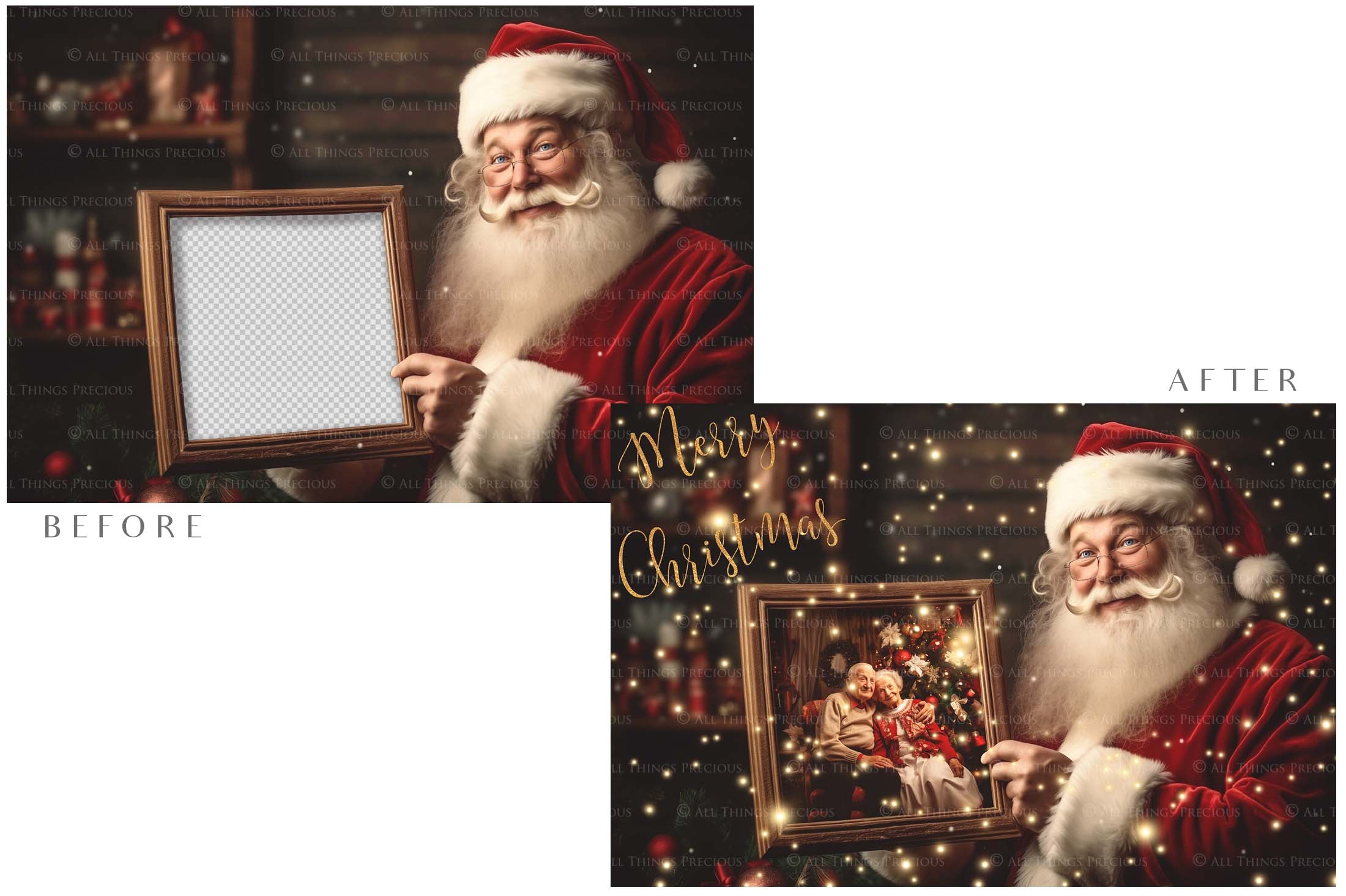 Digital Santa with Frame Background.  Png snow and glow overlays & PSD Template. The frame is transparent, perfect for adding your own images.  The file is 6000 x 4000, 300dpi. Png Included. Use for Christmas edits, Photography, Card Crafts, Scrapbooking. Xmas Backdrops. Santa holding a frame.
