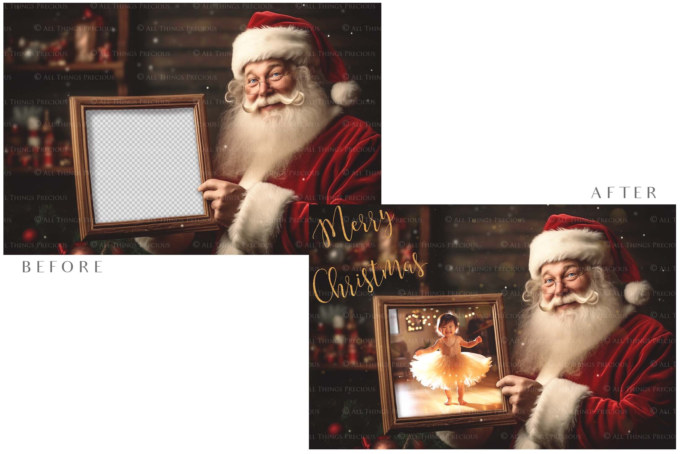 Digital Santa with Frame Background.  Png snow and glow overlays & PSD Template. The frame is transparent, perfect for adding your own images.  The file is 6000 x 4000, 300dpi. Png Included. Use for Christmas edits, Photography, Card Crafts, Scrapbooking. Xmas Backdrops. Santa holding a frame.