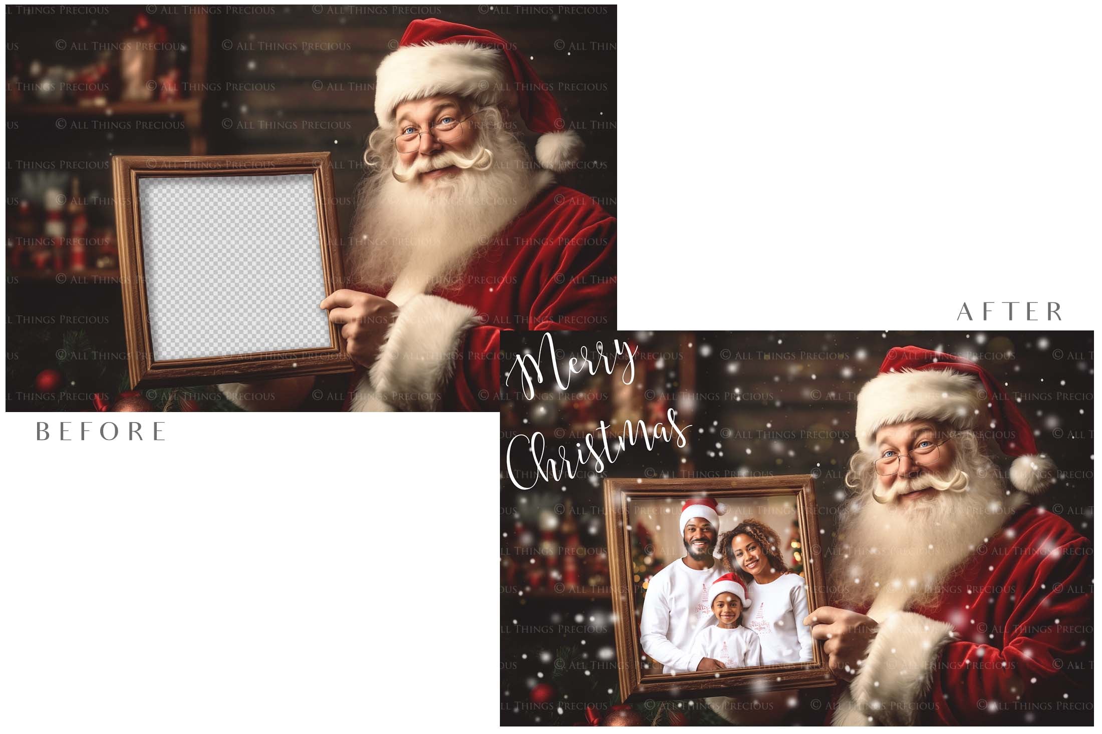 Digital Santa with Frame Background.  Png snow and glow overlays & PSD Template. The frame is transparent, perfect for adding your own images.  The file is 6000 x 4000, 300dpi. Png Included. Use for Christmas edits, Photography, Card Crafts, Scrapbooking. Xmas Backdrops. Santa holding a frame.