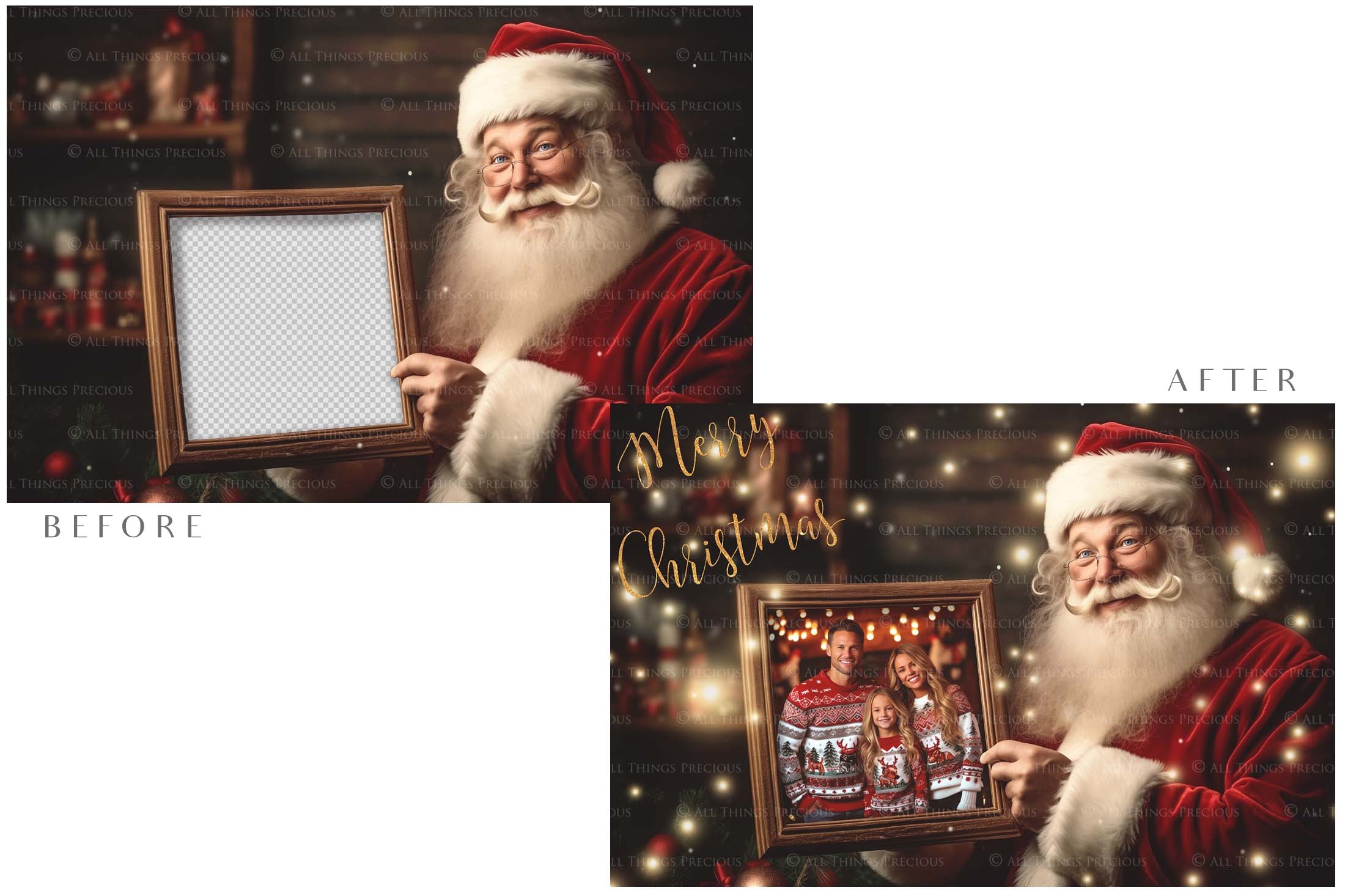 Digital Santa with Frame Background.  Png snow and glow overlays & PSD Template. The frame is transparent, perfect for adding your own images.  The file is 6000 x 4000, 300dpi. Png Included. Use for Christmas edits, Photography, Card Crafts, Scrapbooking. Xmas Backdrops. Santa holding a frame.