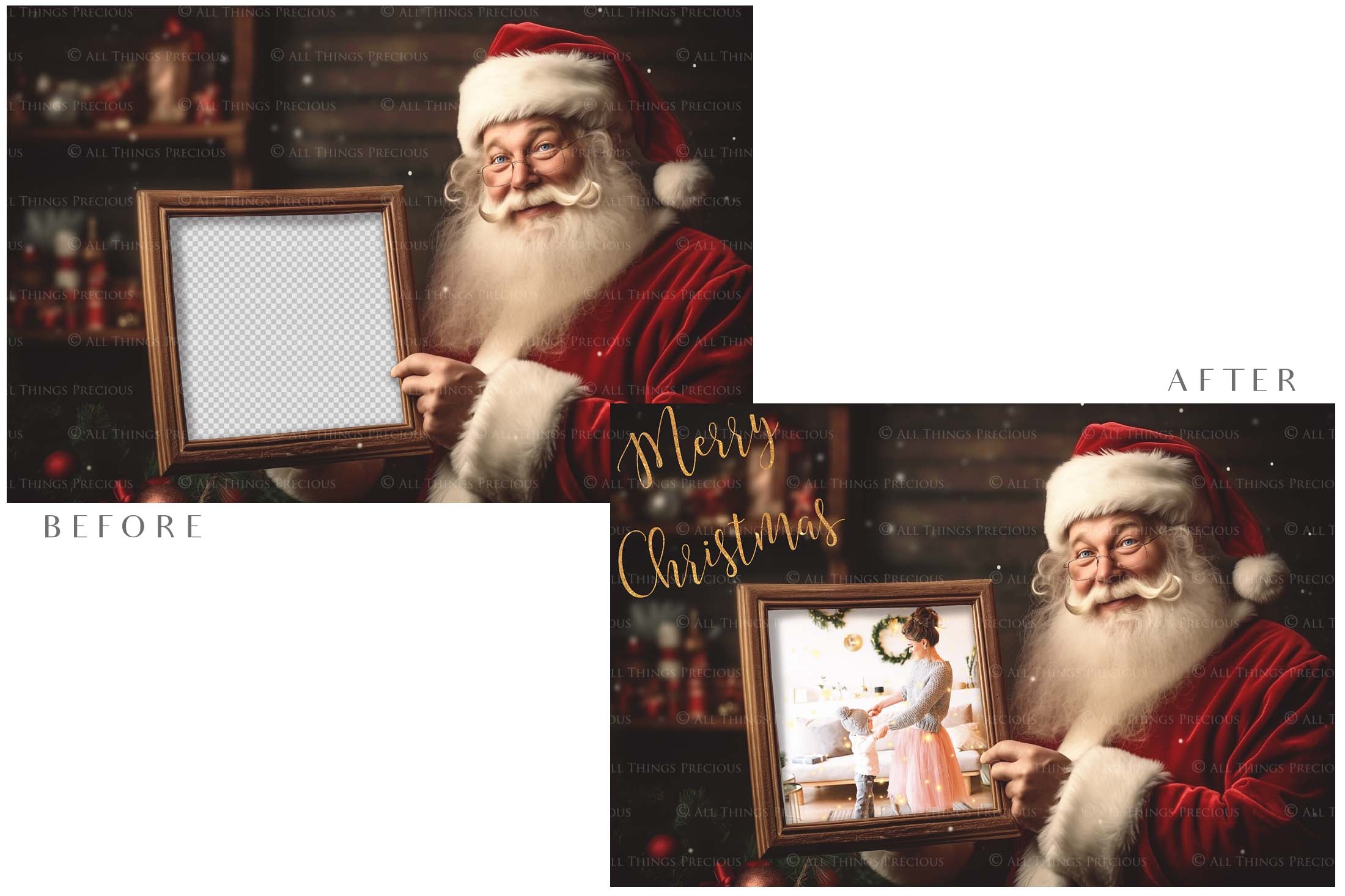 Digital Santa with Frame Background.  Png snow and glow overlays & PSD Template. The frame is transparent, perfect for adding your own images.  The file is 6000 x 4000, 300dpi. Png Included. Use for Christmas edits, Photography, Card Crafts, Scrapbooking. Xmas Backdrops. Santa holding a frame.