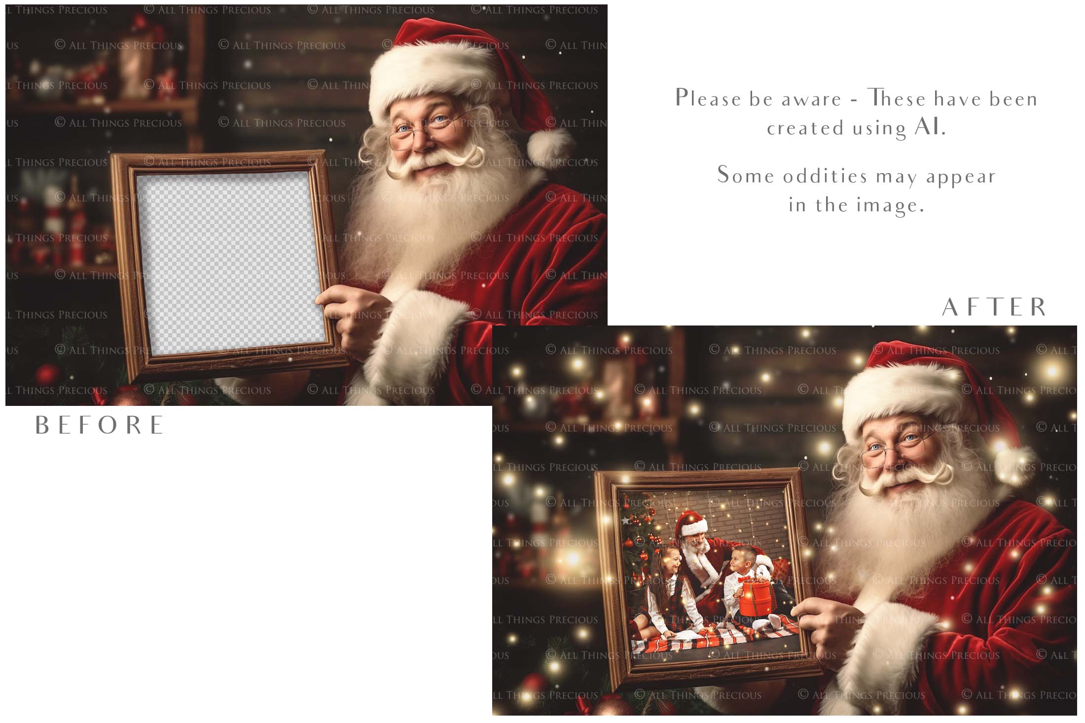 Digital Santa with Frame Background.  Png snow and glow overlays & PSD Template. The frame is transparent, perfect for adding your own images.  The file is 6000 x 4000, 300dpi. Png Included. Use for Christmas edits, Photography, Card Crafts, Scrapbooking. Xmas Backdrops. Santa holding a frame.