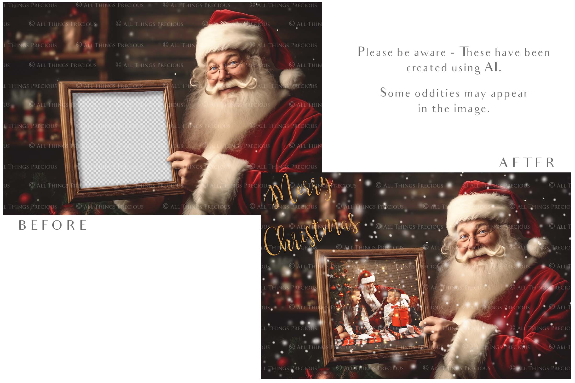 Digital Santa with Frame Background.  Png snow and glow overlays & PSD Template. The frame is transparent, perfect for adding your own images.  The file is 6000 x 4000, 300dpi. Png Included. Use for Christmas edits, Photography, Card Crafts, Scrapbooking. Xmas Backdrops. Santa holding a frame.