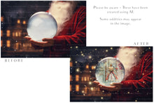 Load image into Gallery viewer, Digital Snow Globe Background, with Png snow overlays &amp; PSD Template. The globe is transparent, perfect for adding your own images and retain the glass effect.The file is 6000 x 4000, 300dpi. Png Included. Use for Christmas edits, Photography, Card Crafts, Scrapbooking. Xmas Backdrops. Santa holding a glass ball.
