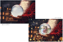 Load image into Gallery viewer, Digital Snow Globe Background, with Png snow overlays &amp; PSD Template. The globe is transparent, perfect for adding your own images and retain the glass effect.The file is 6000 x 4000, 300dpi. Png Included. Use for Christmas edits, Photography, Card Crafts, Scrapbooking. Xmas Backdrops. Santa holding a glass ball.
