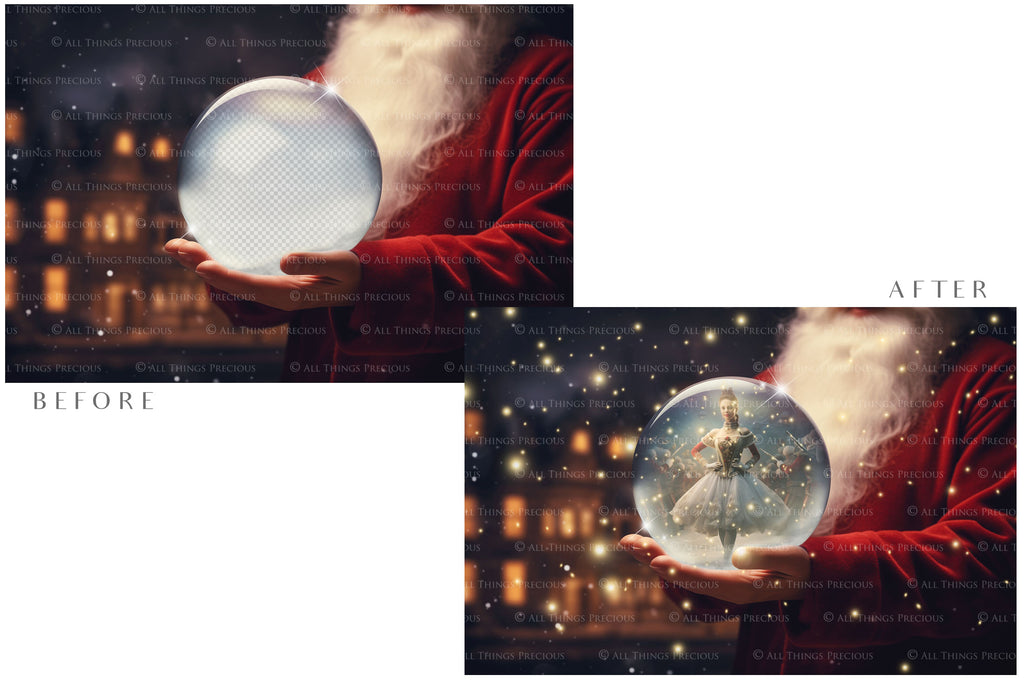 Digital Snow Globe Background, with Png snow overlays & PSD Template. The globe is transparent, perfect for adding your own images and retain the glass effect.The file is 6000 x 4000, 300dpi. Png Included. Use for Christmas edits, Photography, Card Crafts, Scrapbooking. Xmas Backdrops. Santa holding a glass ball.