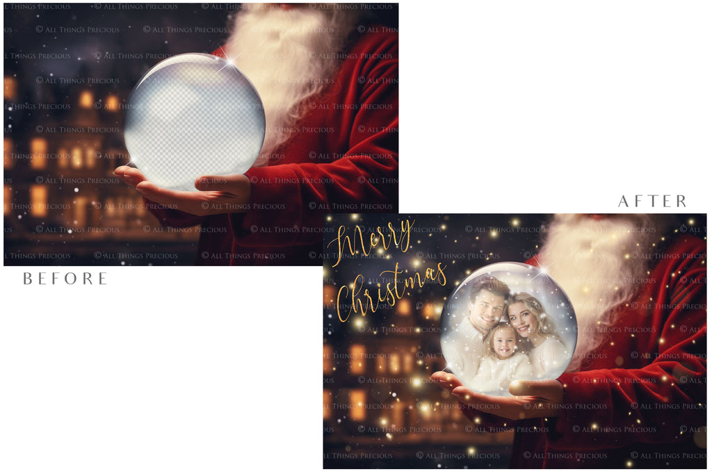 Digital Snow Globe Background, with Png snow overlays & PSD Template. The globe is transparent, perfect for adding your own images and retain the glass effect.The file is 6000 x 4000, 300dpi. Png Included. Use for Christmas edits, Photography, Card Crafts, Scrapbooking. Xmas Backdrops. Santa holding a glass ball.