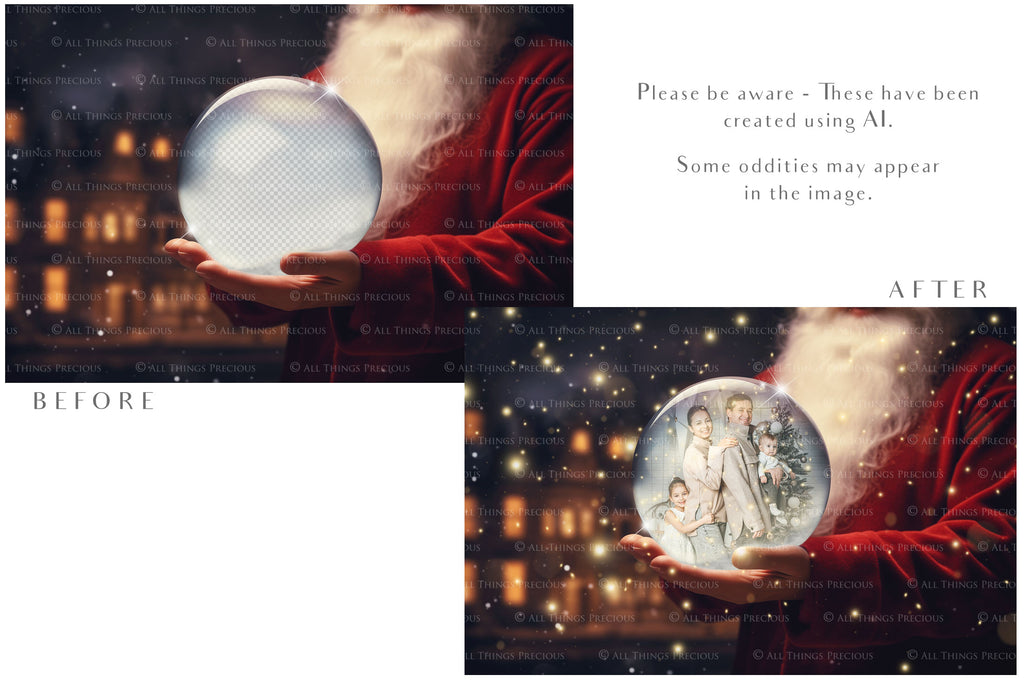 Digital Snow Globe Background, with Png snow overlays & PSD Template. The globe is transparent, perfect for adding your own images and retain the glass effect.The file is 6000 x 4000, 300dpi. Png Included. Use for Christmas edits, Photography, Card Crafts, Scrapbooking. Xmas Backdrops. Santa holding a glass ball.