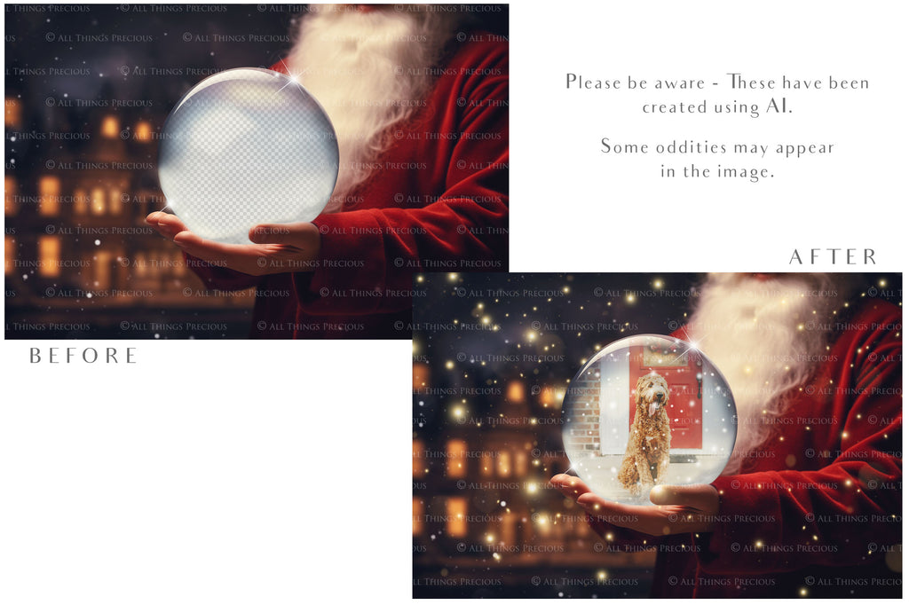 Digital Snow Globe Background, with Png snow overlays & PSD Template. The globe is transparent, perfect for adding your own images and retain the glass effect.The file is 6000 x 4000, 300dpi. Png Included. Use for Christmas edits, Photography, Card Crafts, Scrapbooking. Xmas Backdrops. Santa holding a glass ball.