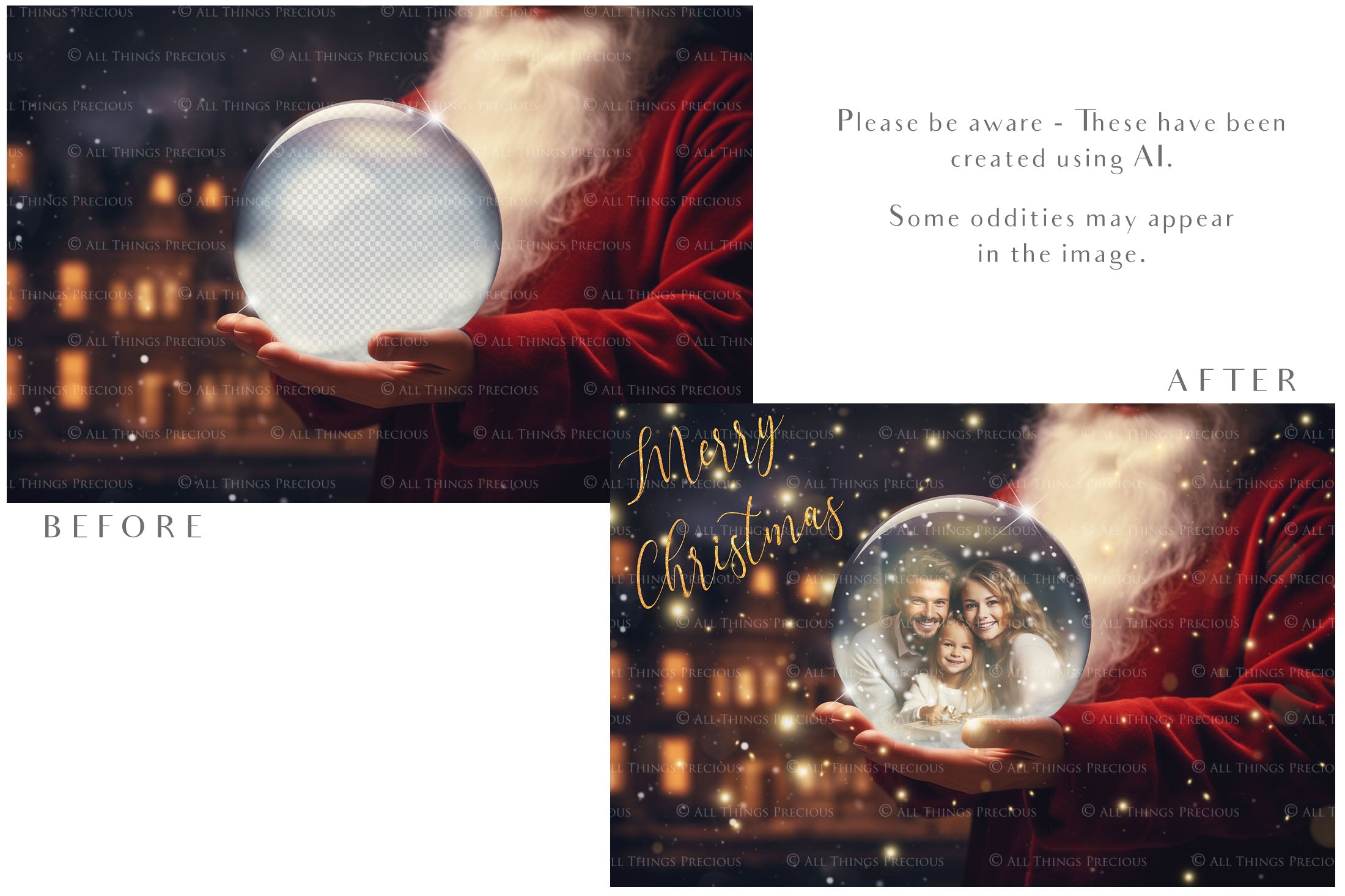 Digital Snow Globe Background, with Png snow overlays & PSD Template. The globe is transparent, perfect for adding your own images and retain the glass effect.The file is 6000 x 4000, 300dpi. Png Included. Use for Christmas edits, Photography, Card Crafts, Scrapbooking. Xmas Backdrops. Santa holding a glass ball.